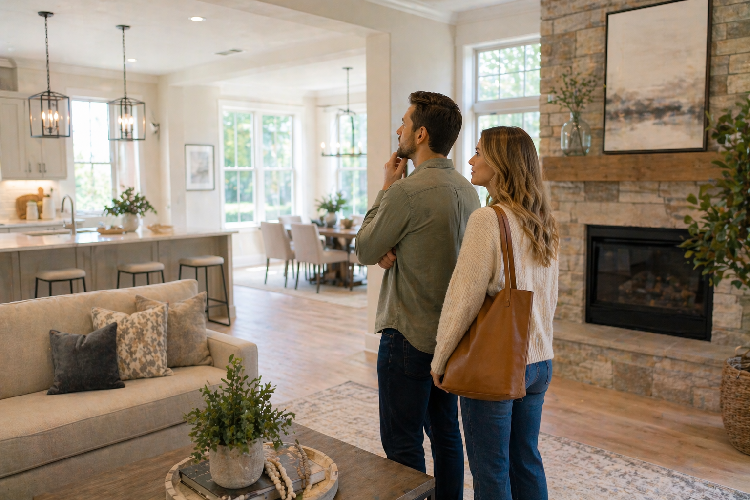 first time homebuyers walking through a model home and observing the layout while touring new construction in Greenville South Carolina first time homebuyers walking through a model home and observing the layout while touring new construction in Greenville South Carolina