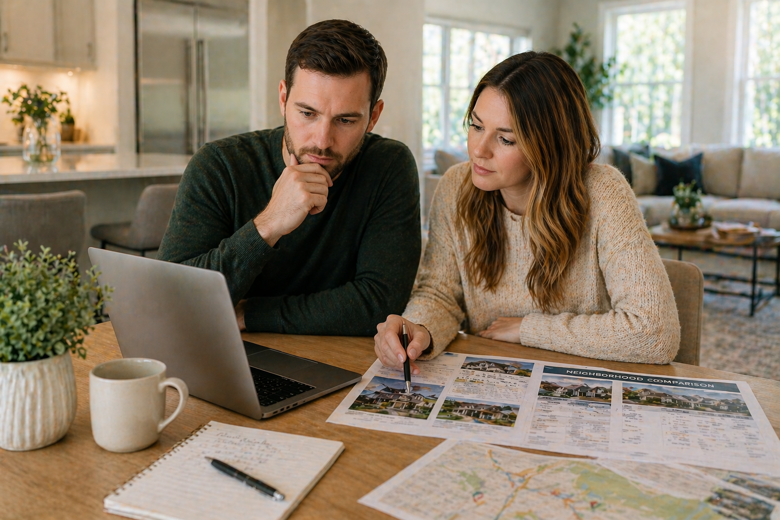 first time homebuyers comparing different new construction neighborhoods and builders while reviewing options in Greenville South Carolina