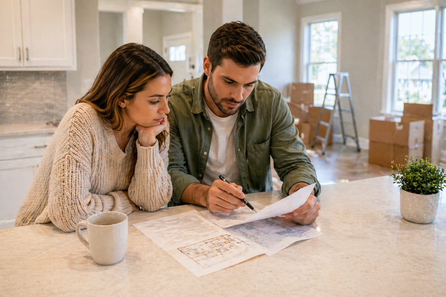 First-time home buyers in Greenville SC reviewing new construction inspection details together in a newly built home kitchen First-time home buyers in Greenville SC reviewing new construction inspection details together in a newly built home kitchen