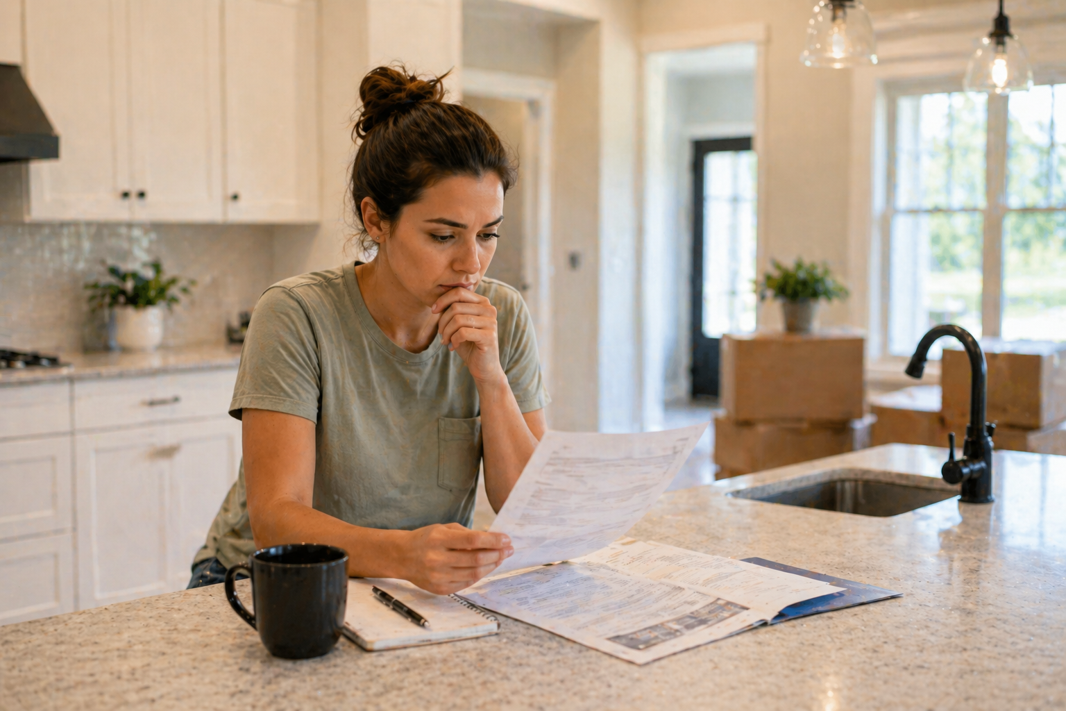 First-time home buyer in Greenville SC reviewing new construction inspection paperwork in a modern kitchen
