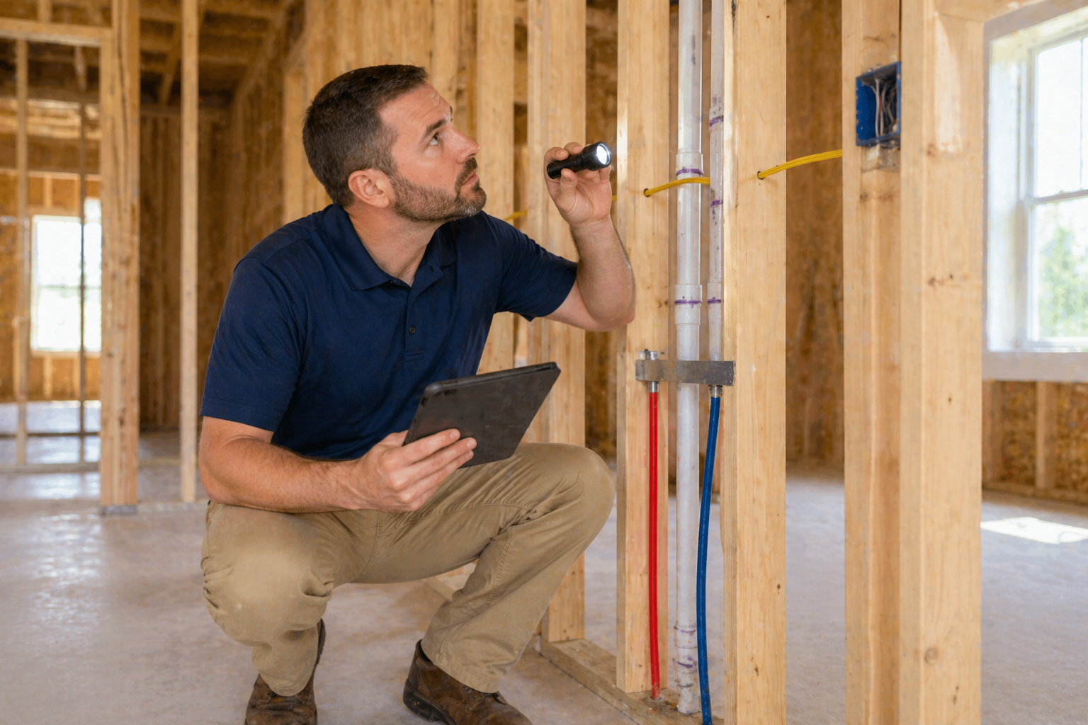 Home inspector checking structural framing and electrical systems in a new construction home in Greenville SC