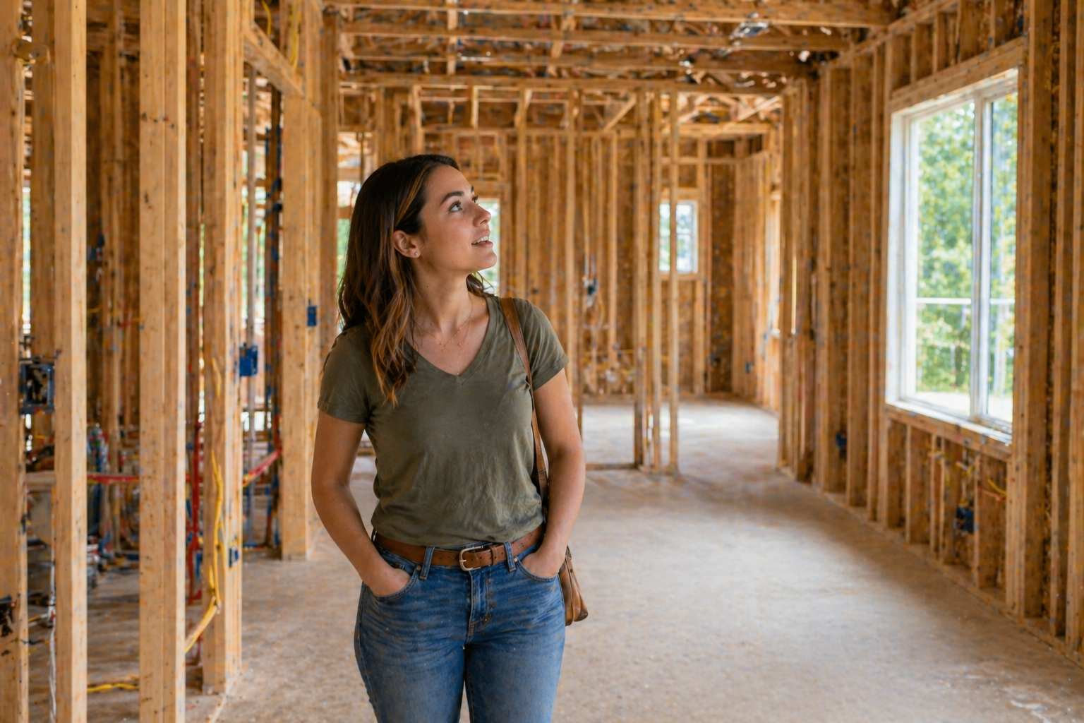 First-time home buyer walking through a partially built new construction home in Greenville SC during inspection stage