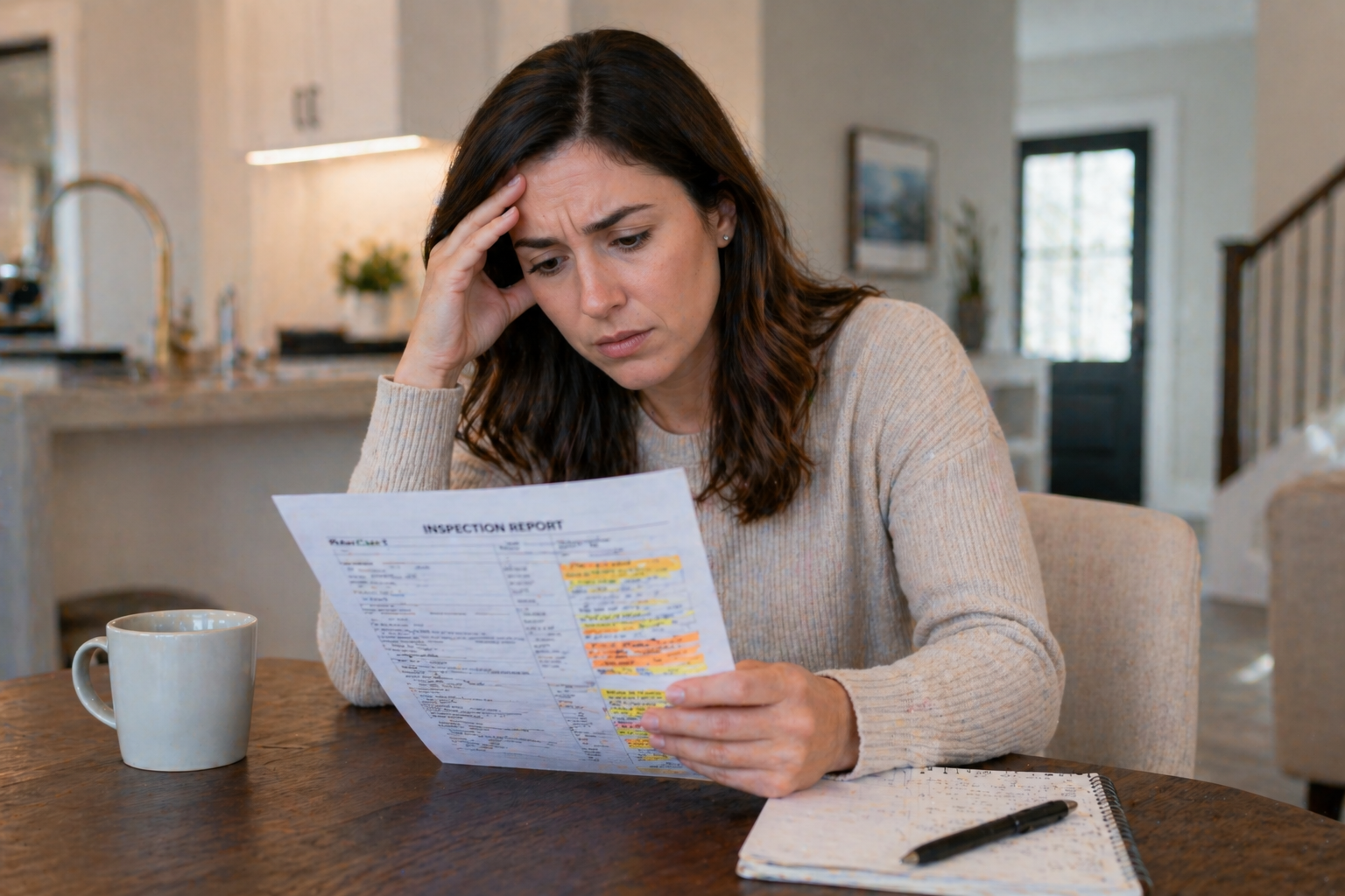First-time home buyer in Greenville SC reviewing a new construction inspection report with concerns