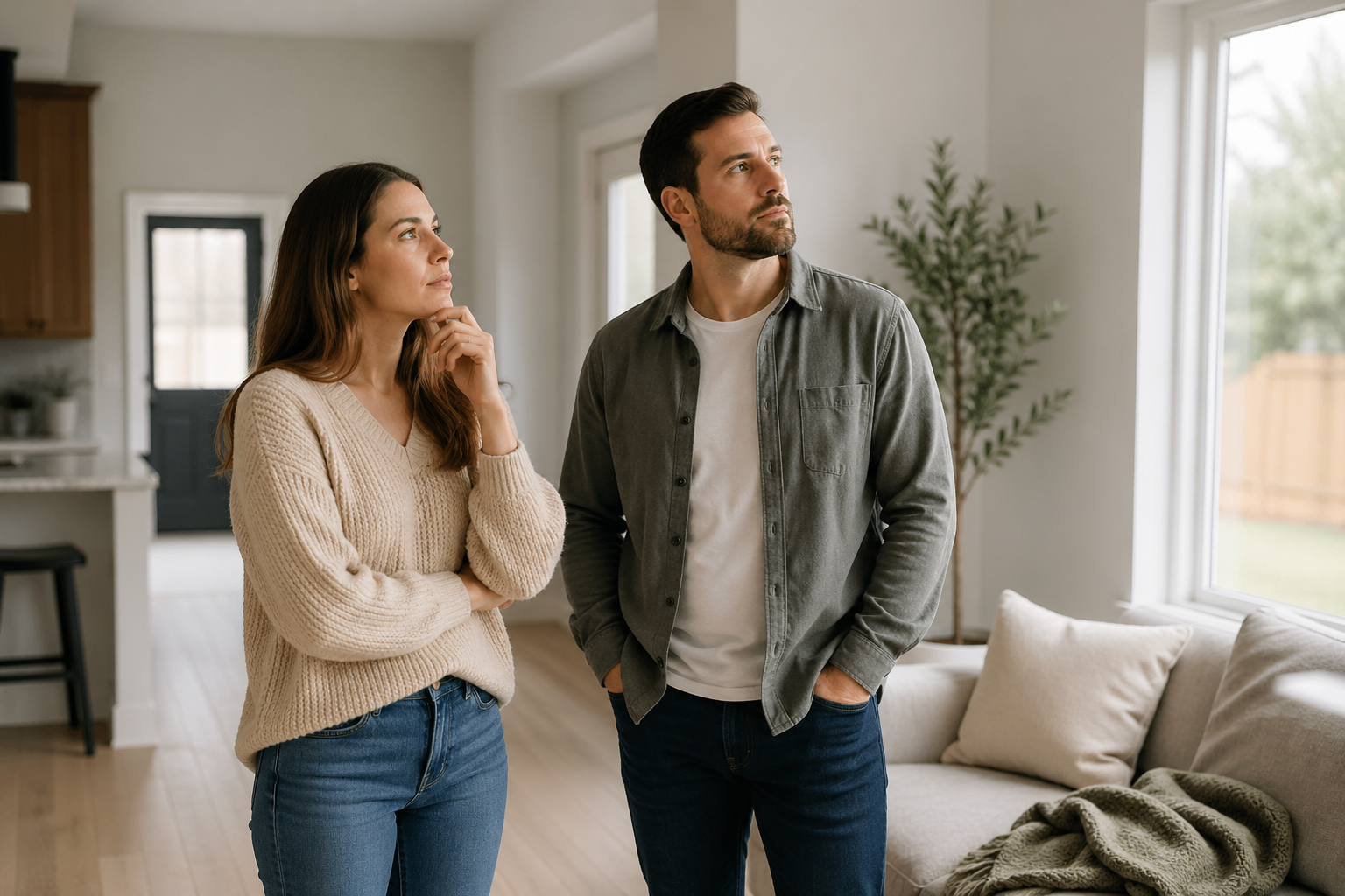 First-time home buyers in Greenville SC comparing a newer home and new construction while discussing inspection concerns First-time home buyers in Greenville SC comparing a newer home and new construction while discussing inspection concerns