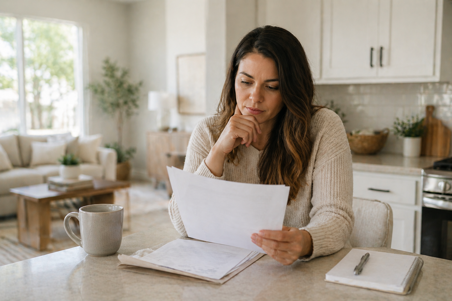 First-time home buyer in Greenville SC reviewing home inspection decision paperwork in a modern kitchen