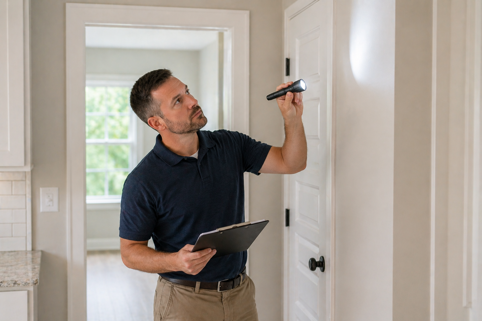 Home inspector in Greenville SC examining visible areas of a home interior during an inspection