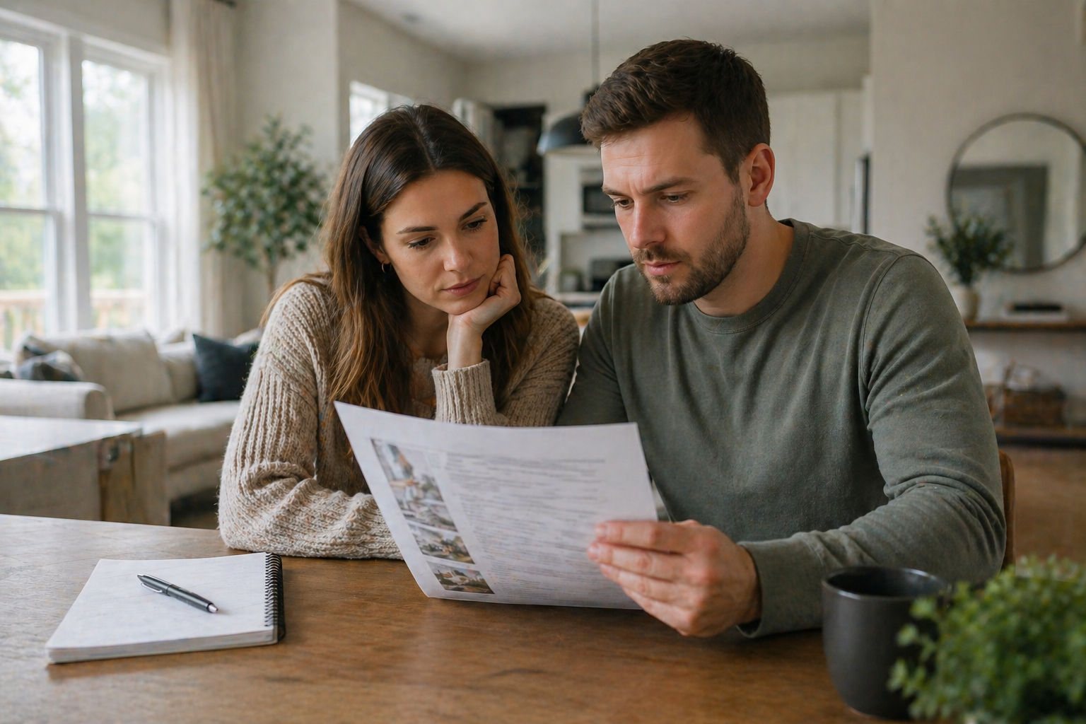 First-time home buyers in Greenville SC reviewing inspection findings and discussing concerns in a modern home