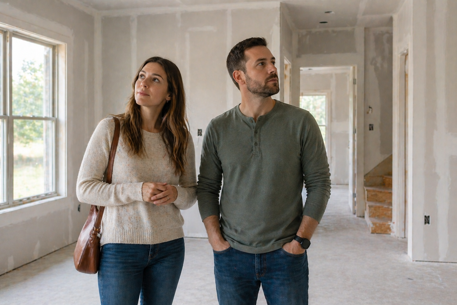 First-time home buyers in Greenville SC comparing new construction and newer homes during the inspection process First-time home buyers in Greenville SC comparing new construction and newer homes during the inspection process