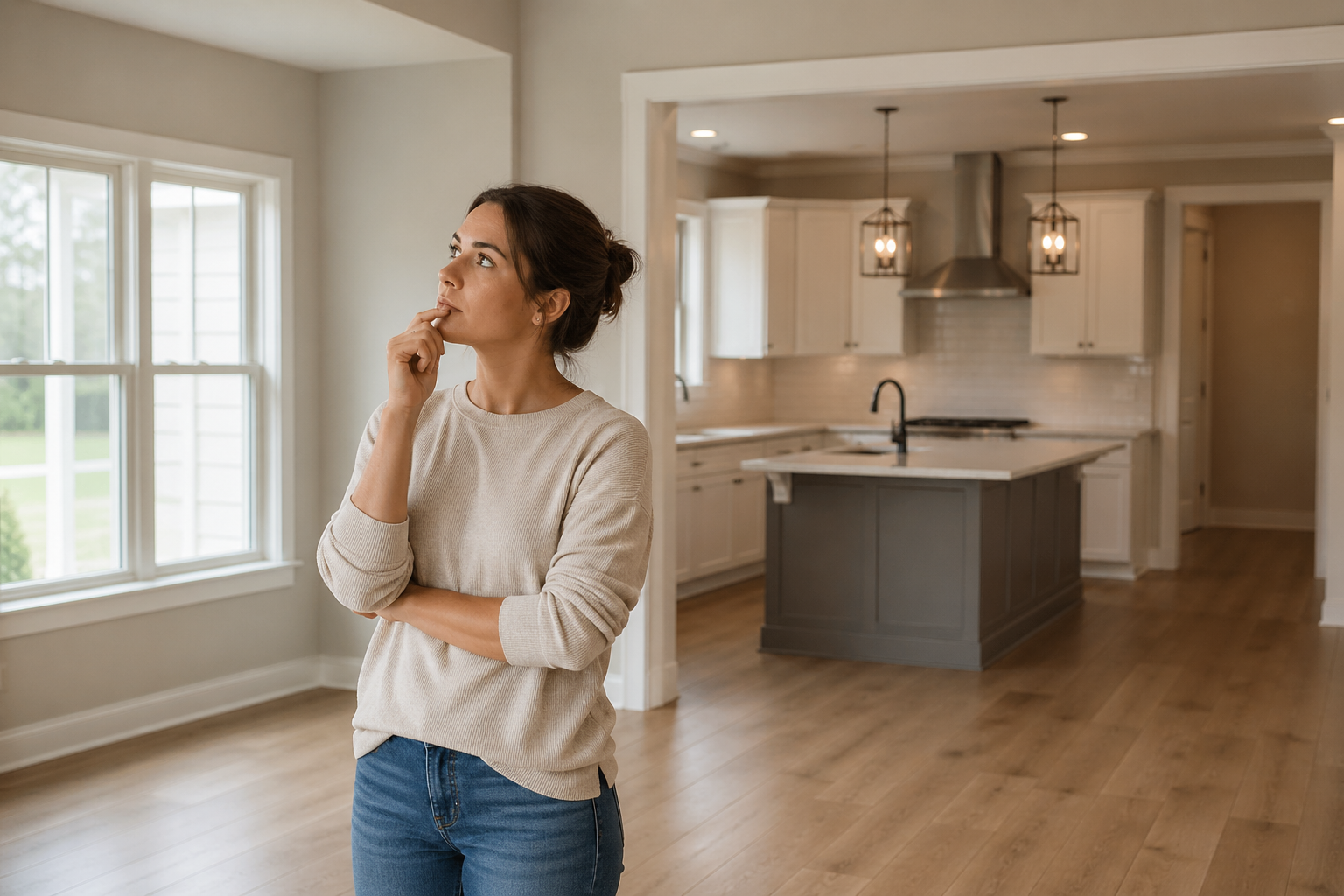 First-time home buyer in Greenville SC standing in a new construction home feeling unsure about design choices First-time home buyer in Greenville SC standing in a new construction home feeling unsure about design choices