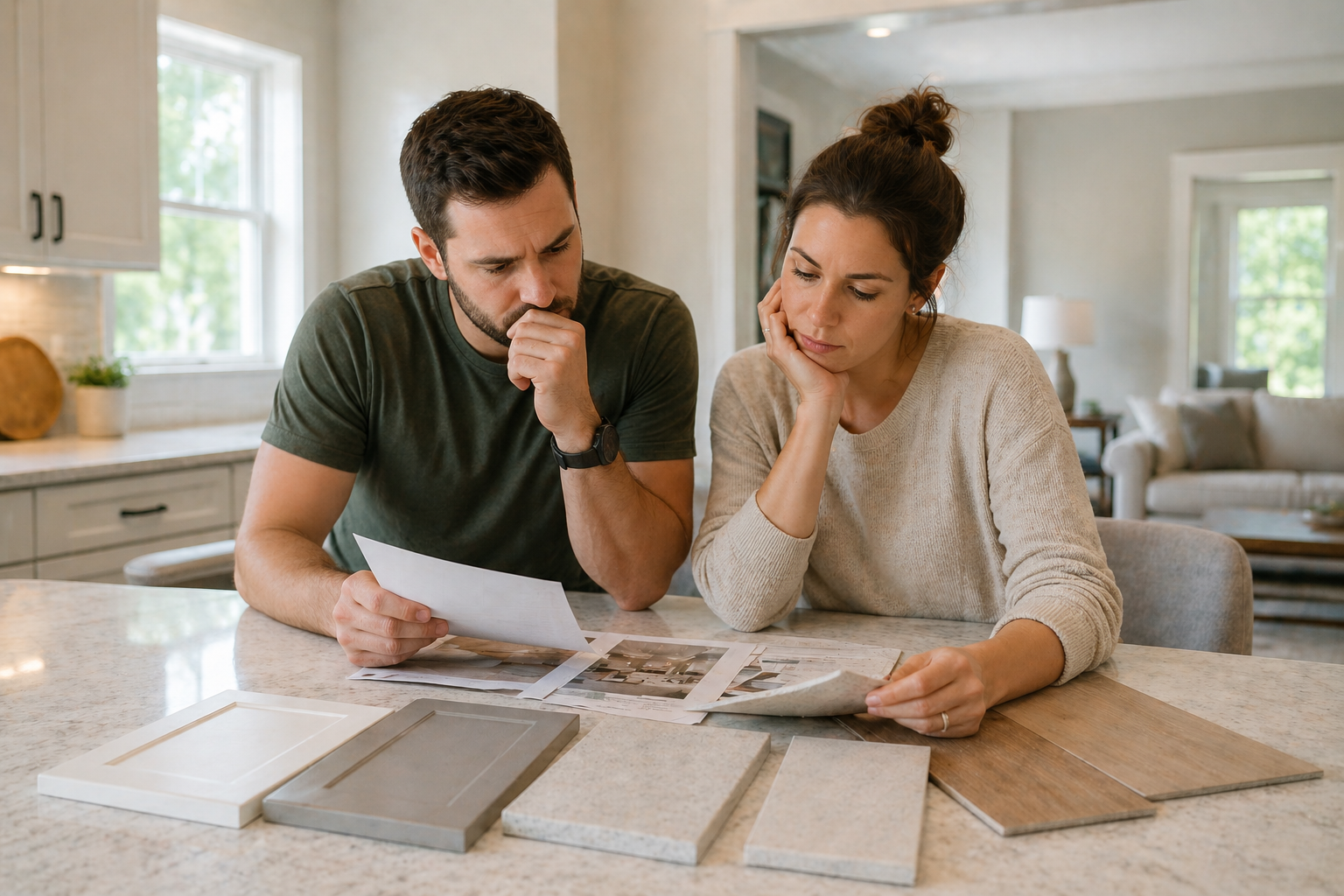 First-time home buyers in Greenville SC sitting at a kitchen island feeling unsure about choosing between spec and semi-custom homes