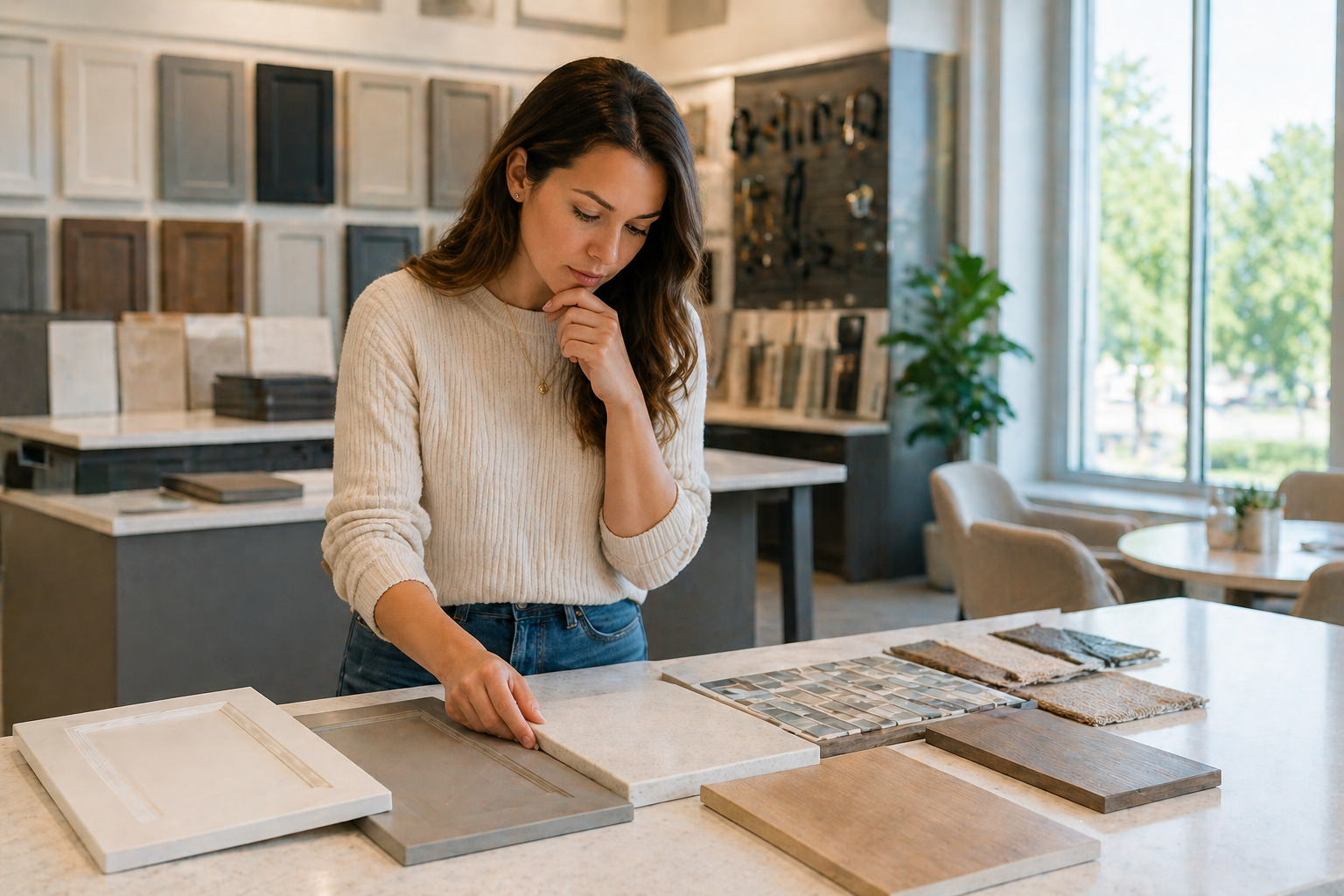 Place directly under the “A real moment I see often” section. A candid indoor scene of a young woman reviewing cabinet and flooring samples at a design center table, natural