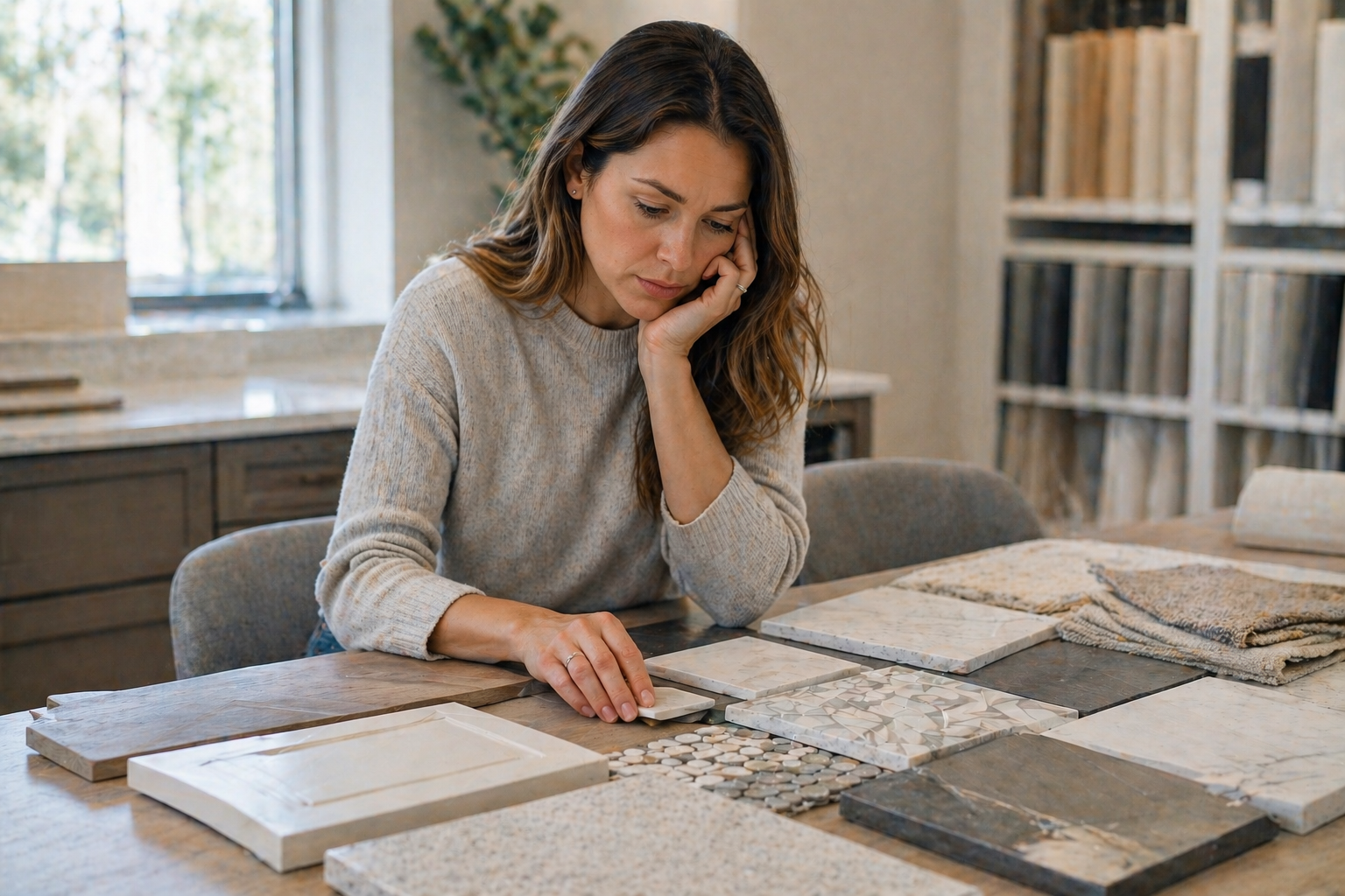 First-time home buyer in Greenville SC reviewing design center selections and feeling overwhelmed by choices