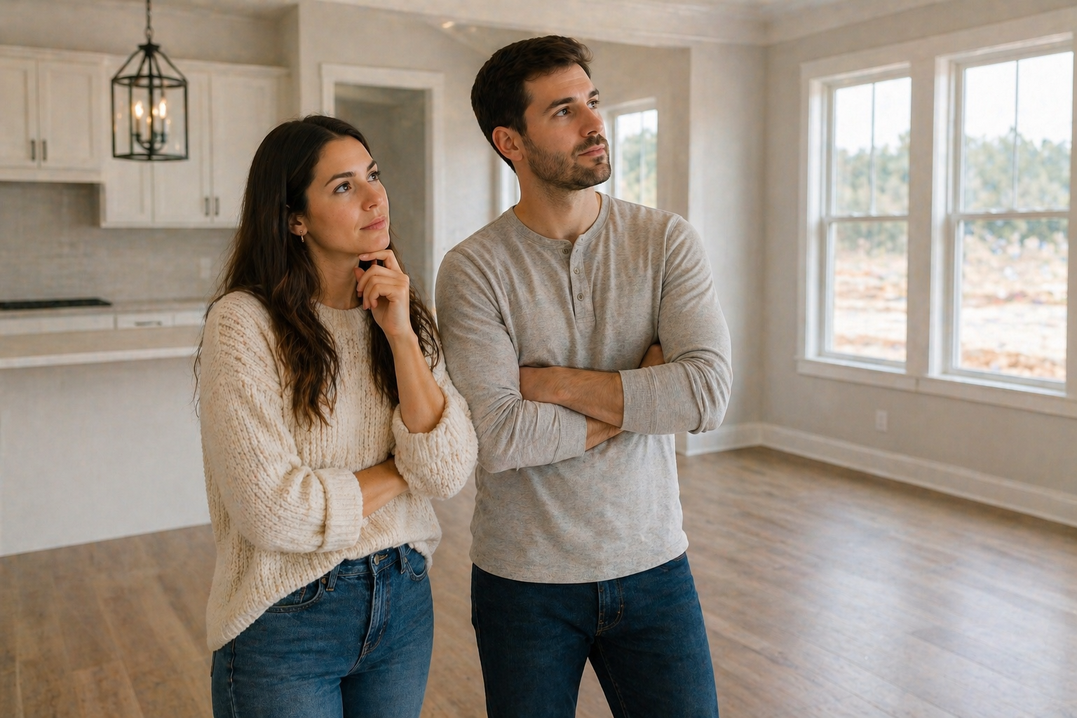 First-time home buyers in Greenville SC standing in a new construction home deciding between move-in ready and designing their home