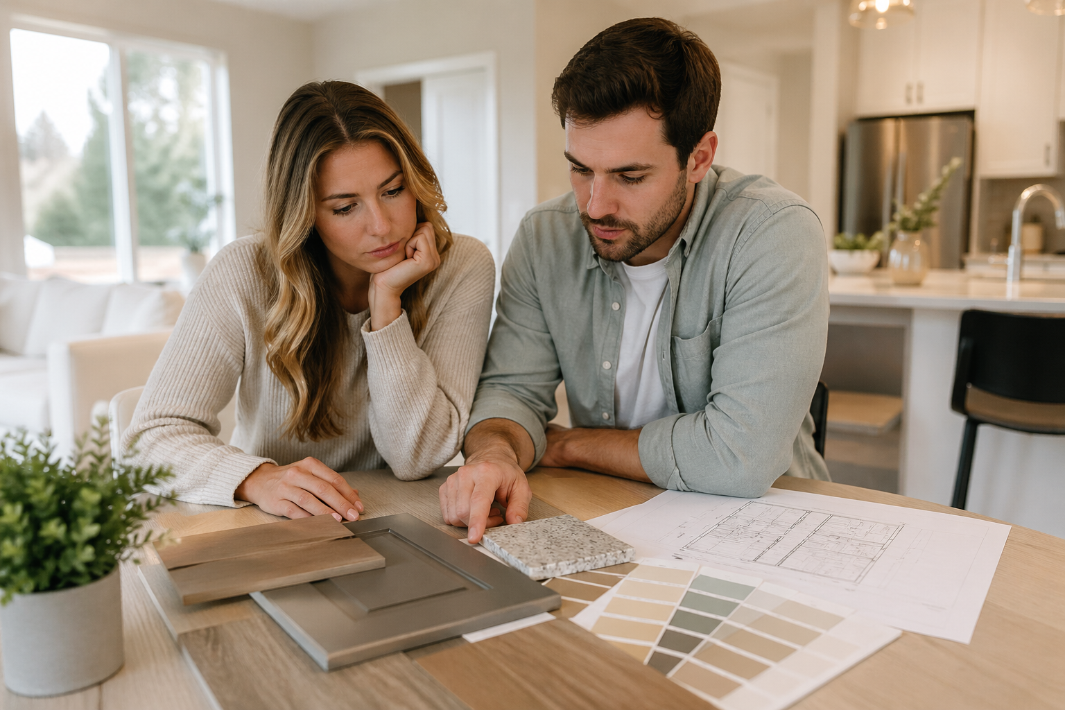 First-time home buyers in Greenville SC reviewing new construction costs and upgrade options inside a modern home First-time home buyers in Greenville SC reviewing new construction costs and upgrade options inside a modern home