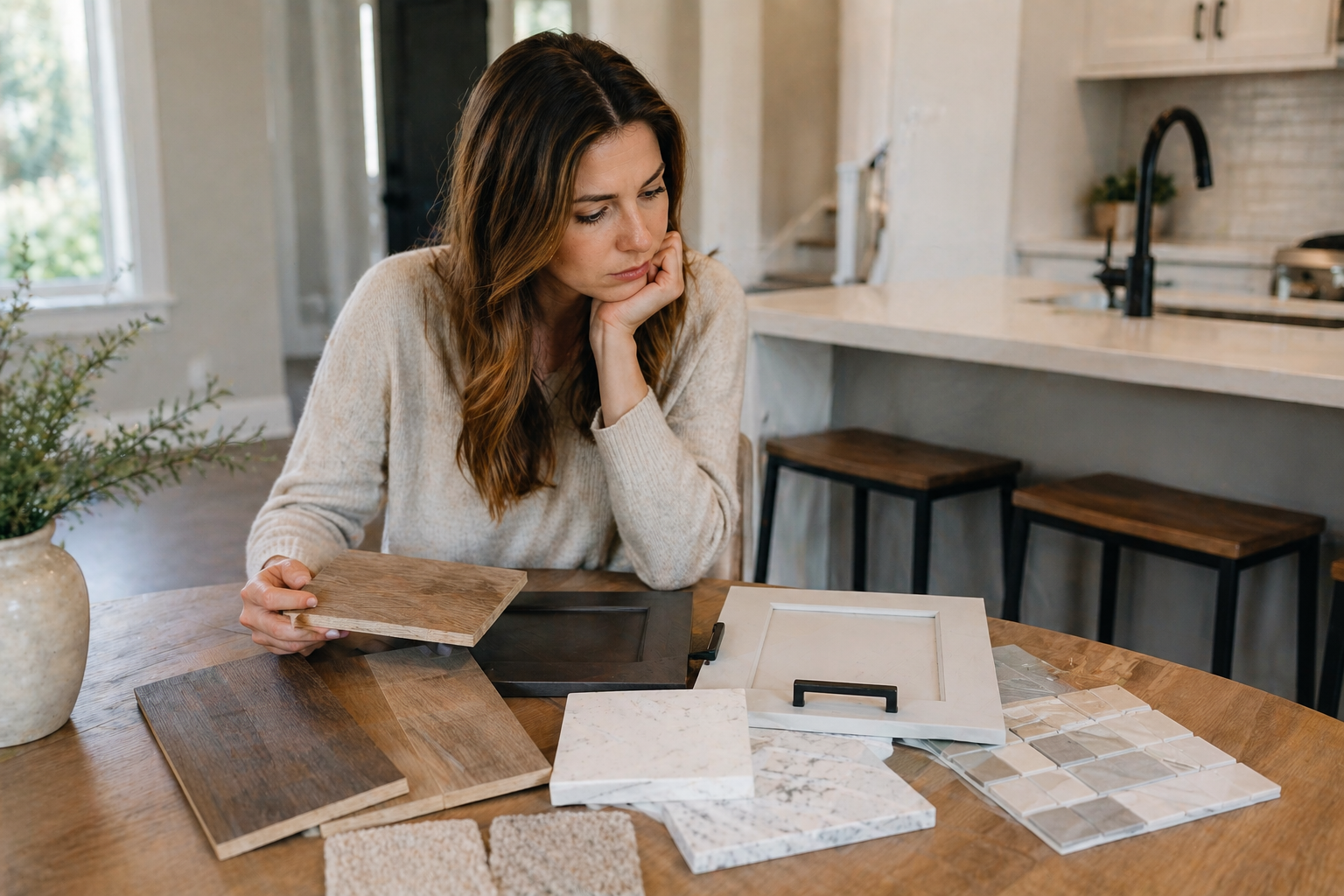 First-time home buyer in Greenville SC reviewing new construction upgrade options and feeling unsure about what to choose