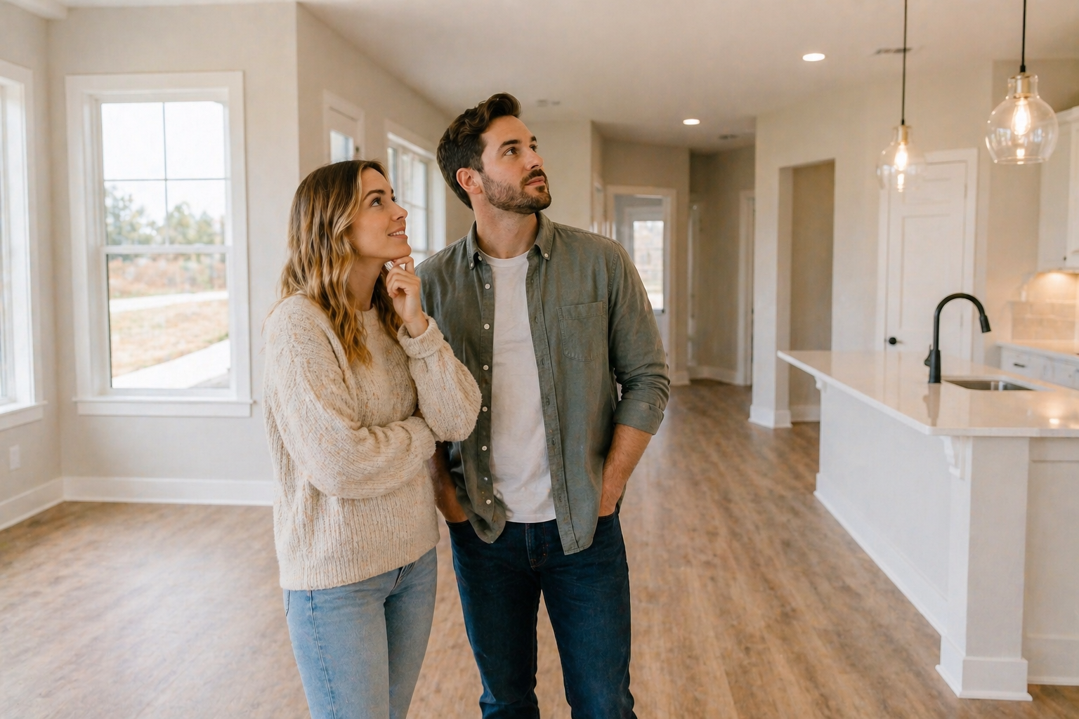 First-time home buyers in Greenville SC standing inside a new construction home deciding if it is worth the cost