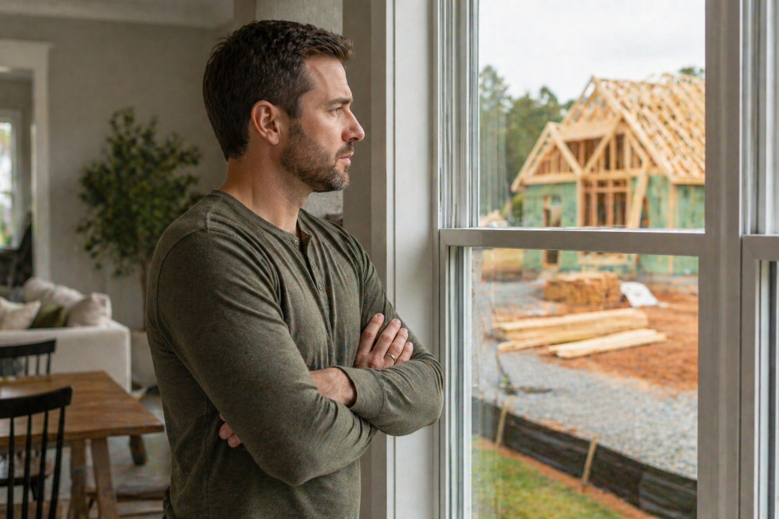 Homeowner in Greenville SC looking out window at new construction home progress and wondering about delays