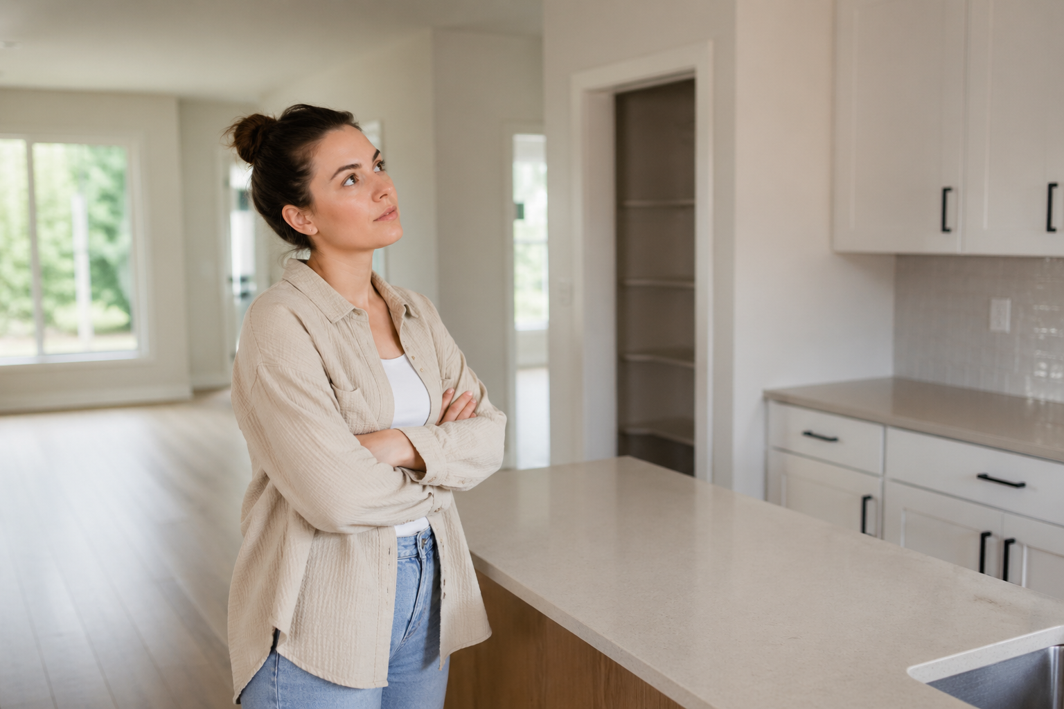First-time home buyer in Greenville SC walking through a new construction home and looking around thoughtfully