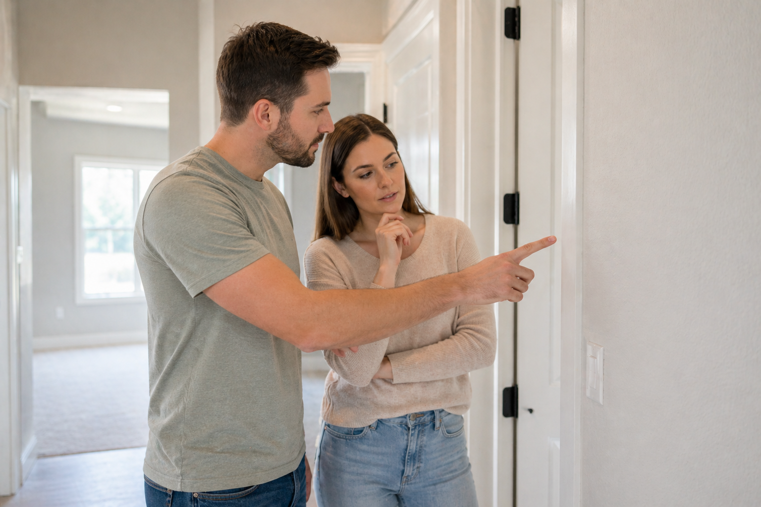 First-time home buyers in Greenville SC discussing details during a new construction walkthrough