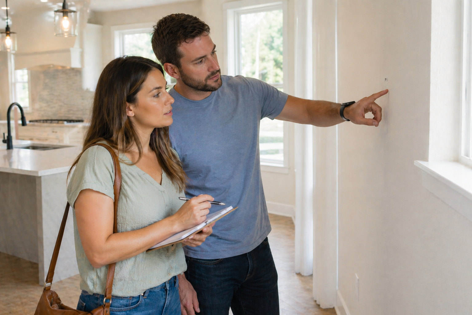 First-time home buyers in Greenville SC reviewing small details and noting items during a new construction walkthrough