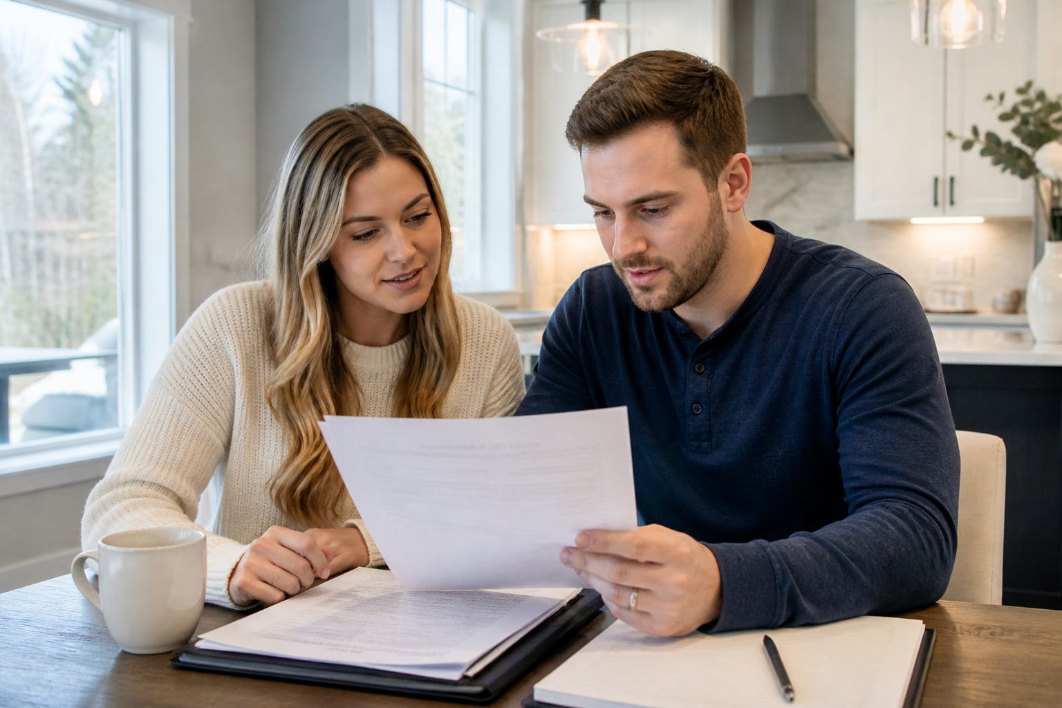 First-time home buyers in Greenville SC reviewing a new construction contract together in a bright kitchen setting First-time home buyers in Greenville SC reviewing a new construction contract together in a bright kitchen setting