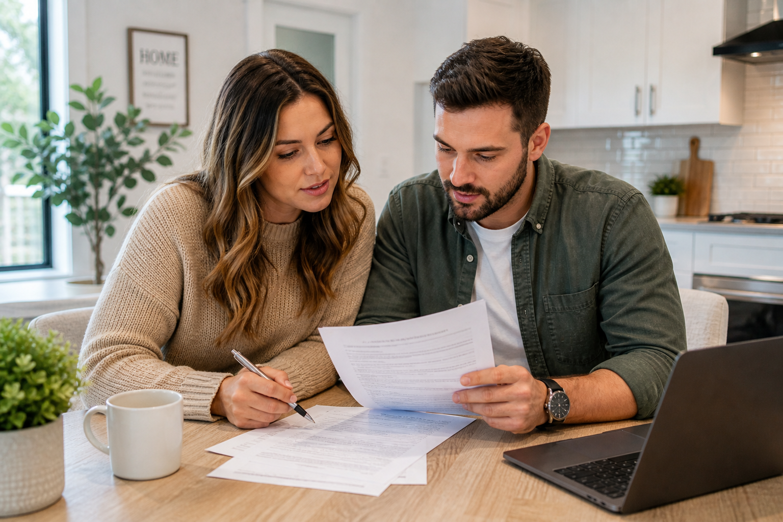 Homebuyers in Greenville SC reviewing contract documents together in a bright kitchen, discussing details of a home purchase Homebuyers in Greenville SC reviewing contract documents together in a bright kitchen, discussing details of a home purchase