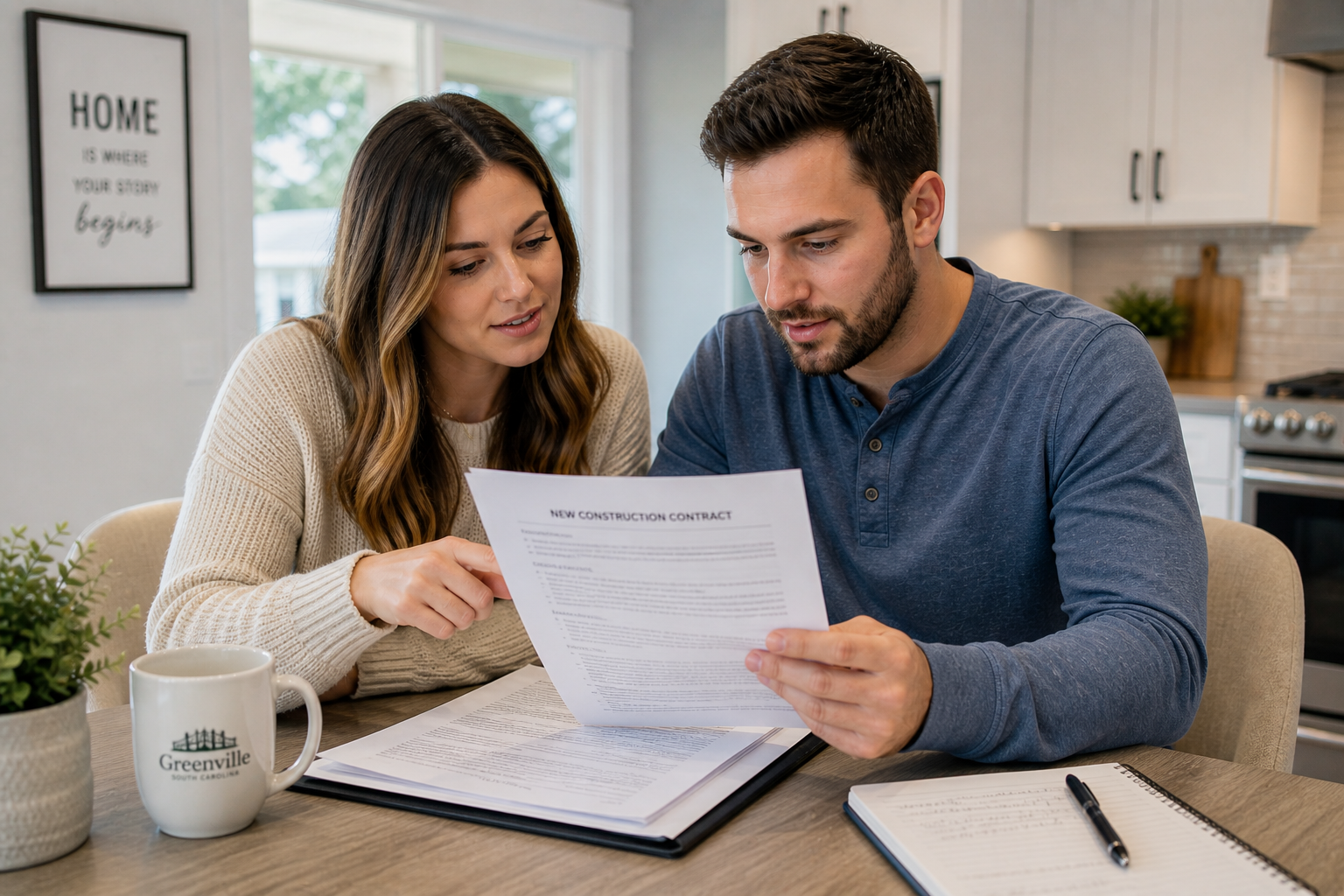 First-time home buyers in Greenville SC discussing contract details together inside a bright modern home