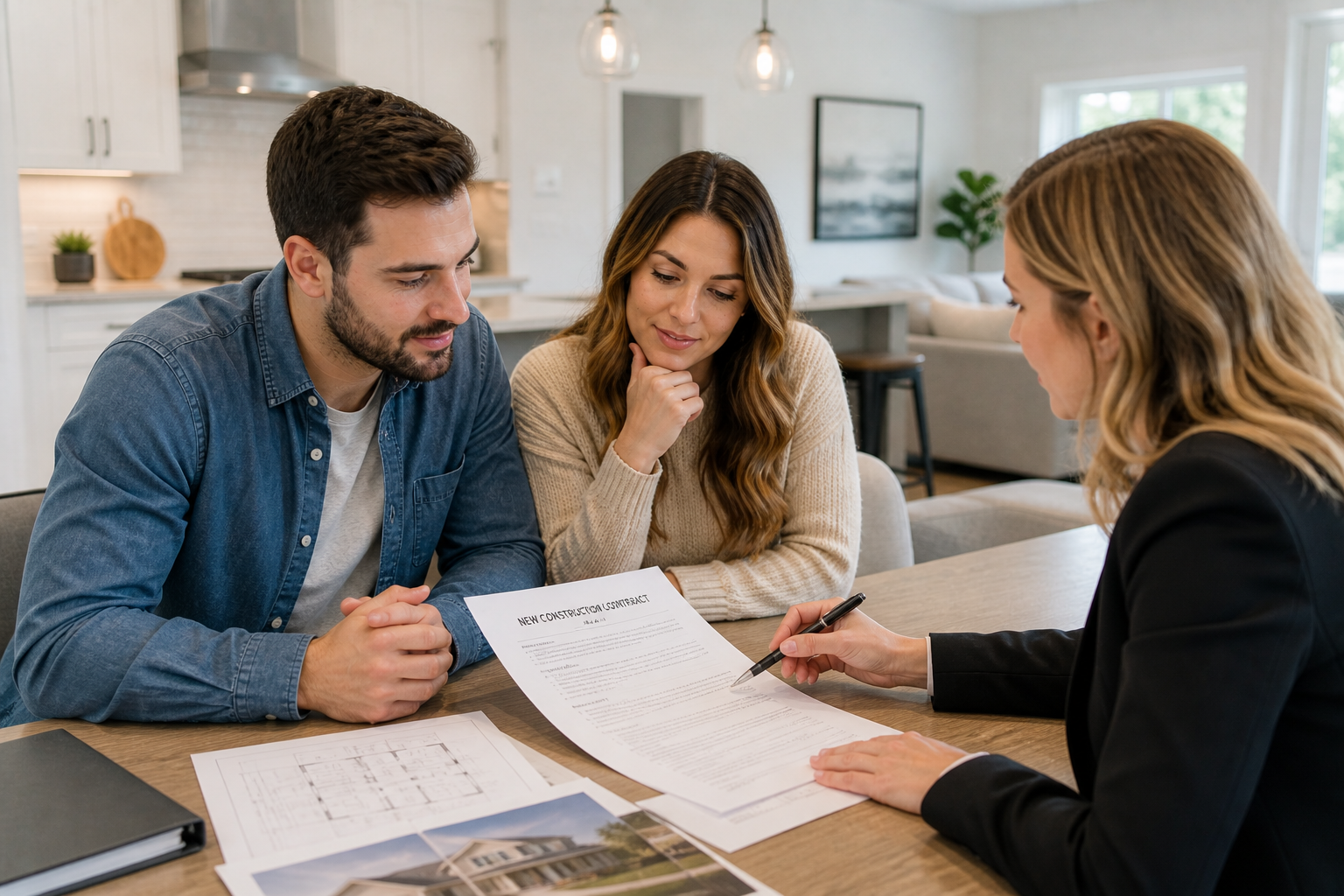 Homebuyers in Greenville SC discussing contract terms together inside a bright modern home setting