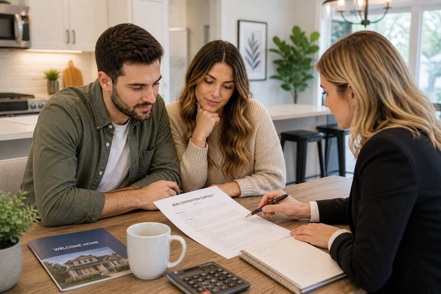 First-time home buyers in Greenville SC reviewing a contract together inside a bright modern home, discussing details and asking questions