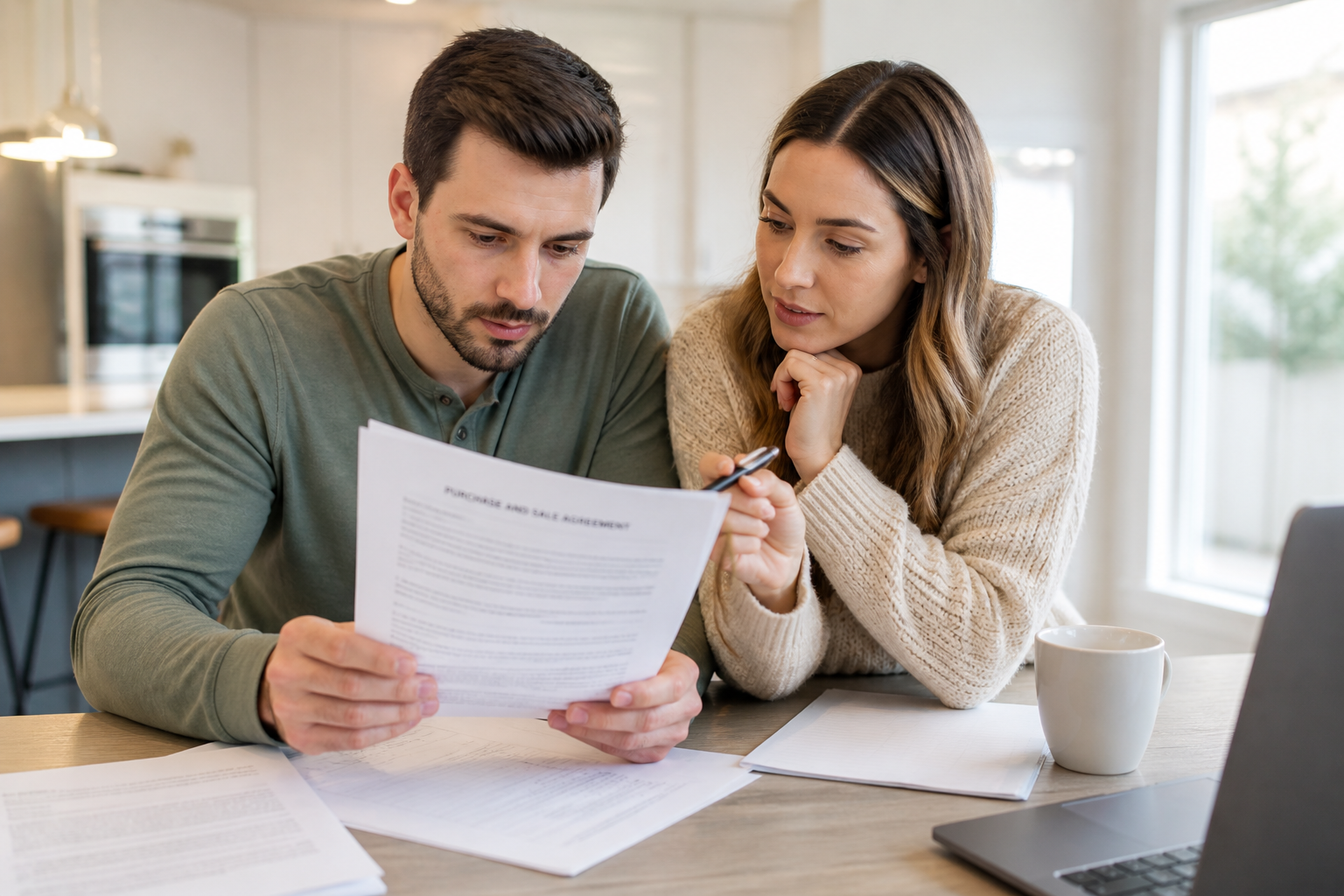 First-time home buyers in Greenville SC reviewing a new construction contract together in a bright home, discussing details and asking questions
