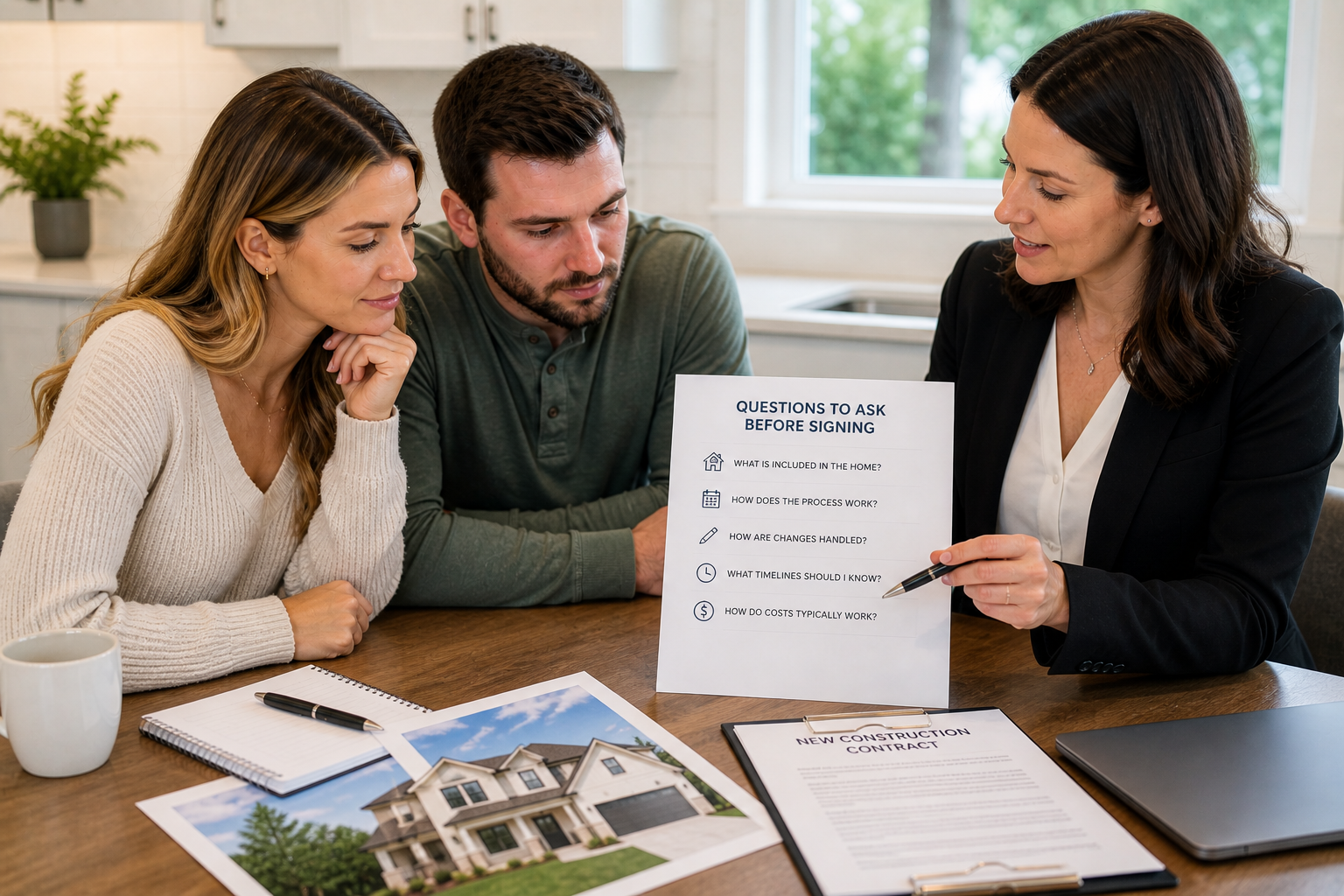 Homebuyers in Greenville SC discussing questions before signing a new construction contract