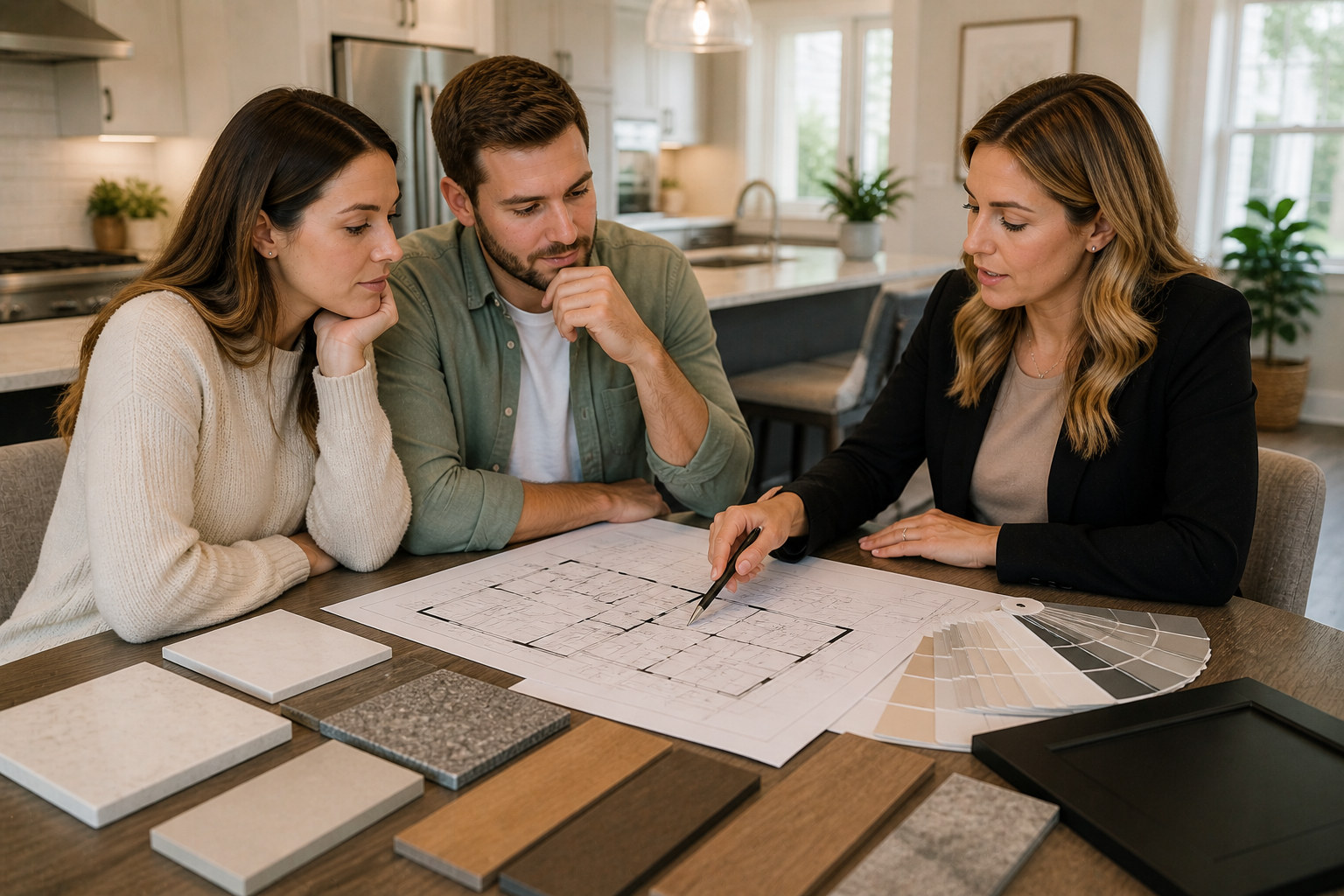 Homebuyers in Greenville SC discussing changes and reviewing new construction plans