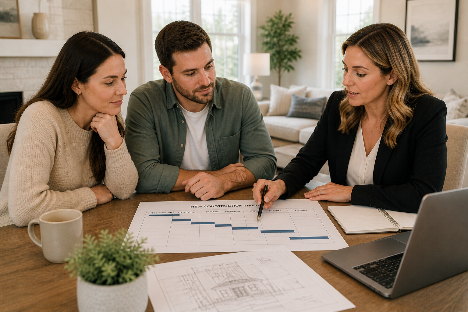 Homebuyers in Greenville SC discussing delays and reviewing new construction timeline