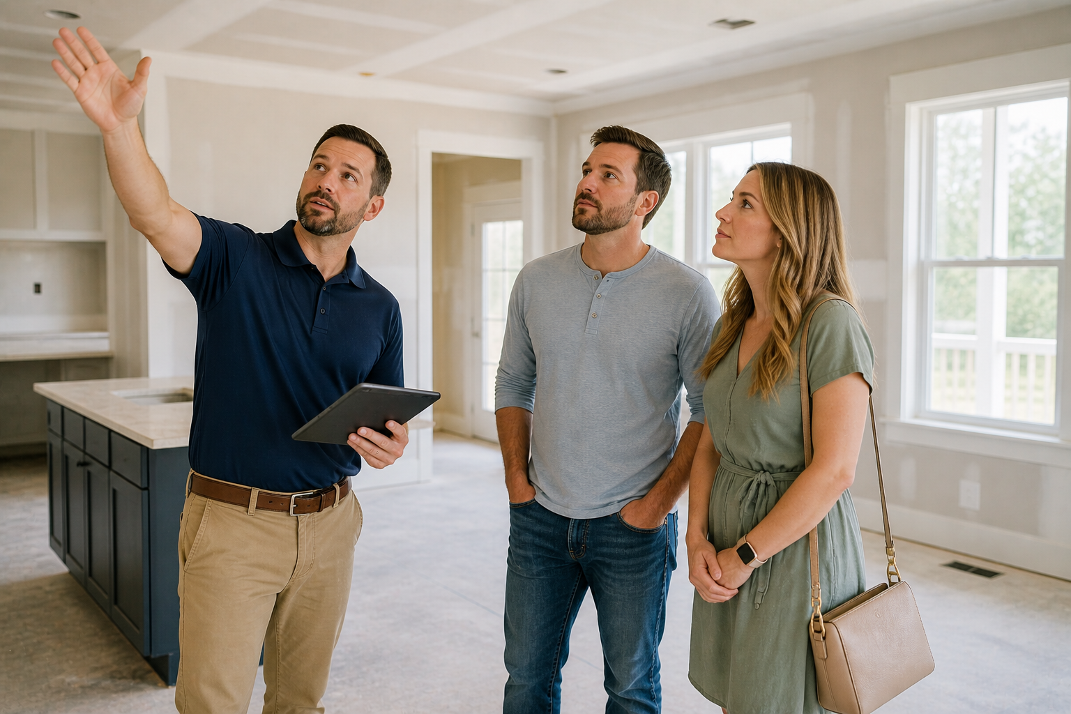 Homebuyers in Greenville SC reviewing a new construction home during inspection walkthrough