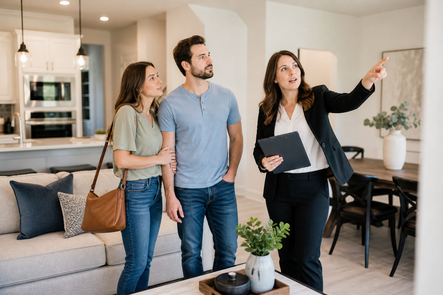 First-time homebuyers in Greenville SC walking through a home and discussing layout options First-time homebuyers in Greenville SC walking through a home and discussing layout options