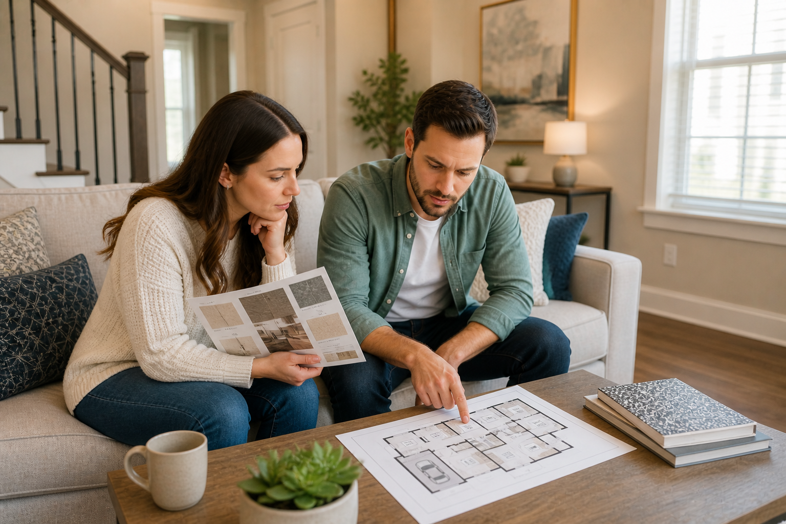 Homebuyers in Greenville SC discussing two different home layouts and comparing space