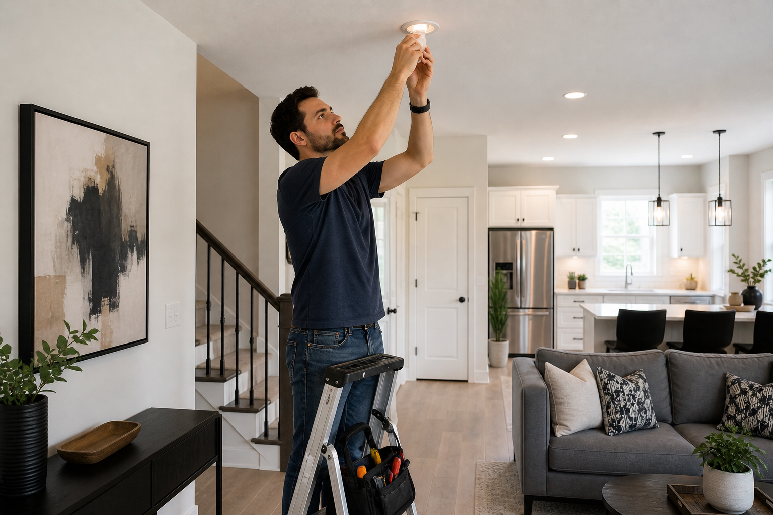 Homeowner in Greenville SC performing light home maintenance inside a modern townhome