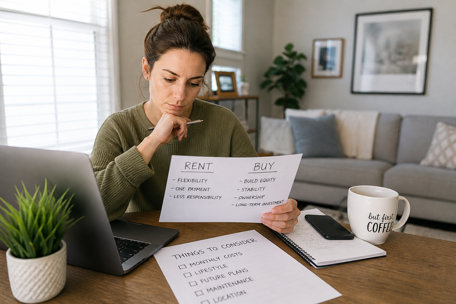 First-time homebuyer in Greenville SC sitting at home reviewing rent vs buy options