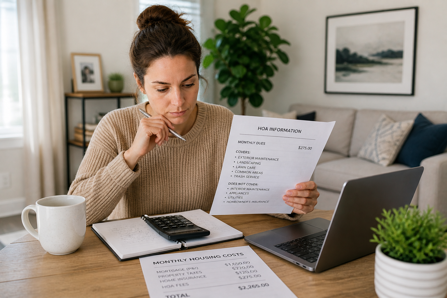 First-time homebuyer in Greenville SC reviewing HOA documents and monthly costs at home First-time homebuyer in Greenville SC reviewing HOA documents and monthly costs at home