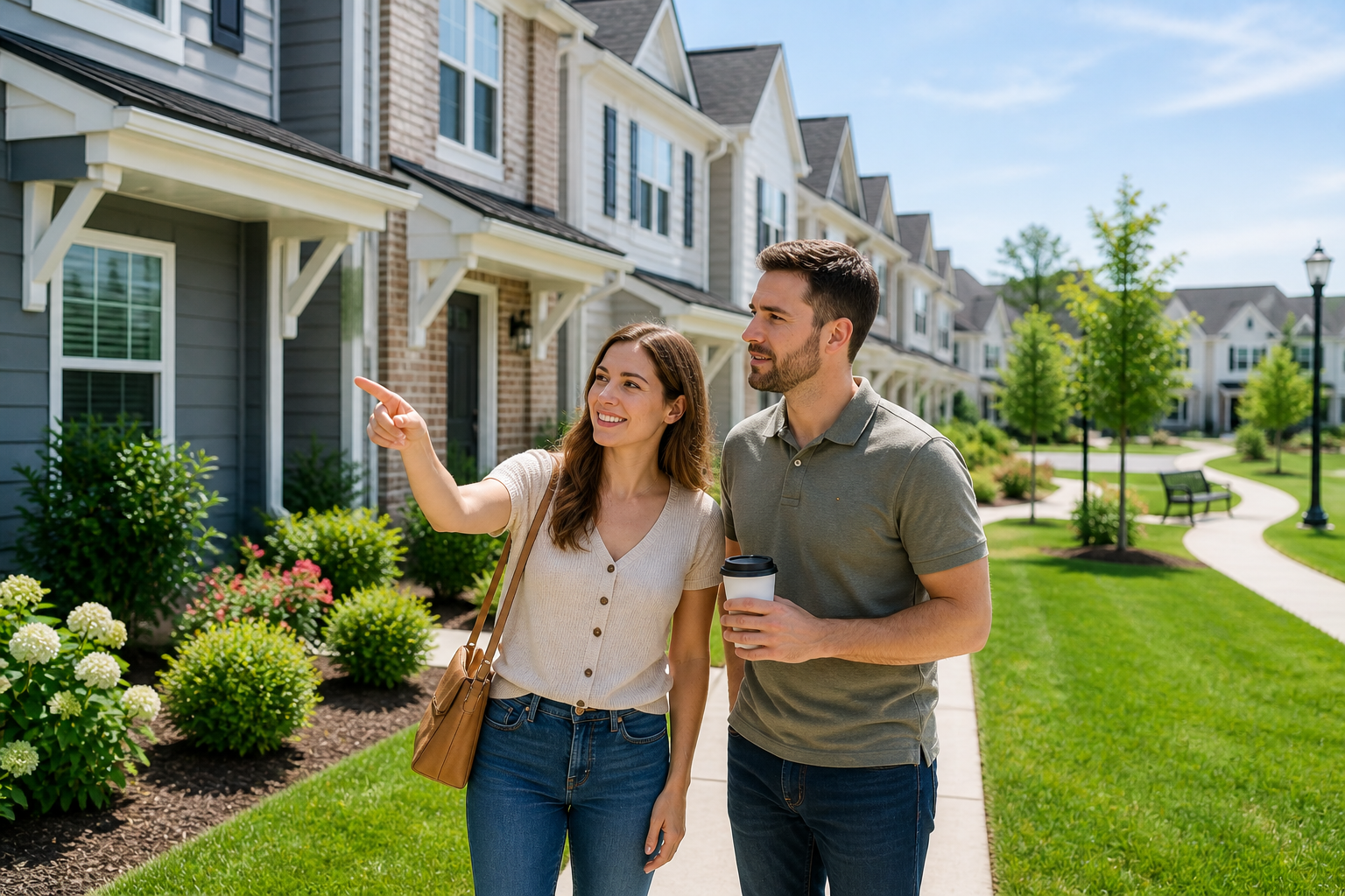 First-time homebuyers in Greenville SC walking through a townhome community and discussing lifestyle First-time homebuyers in Greenville SC walking through a townhome community and discussing lifestyle