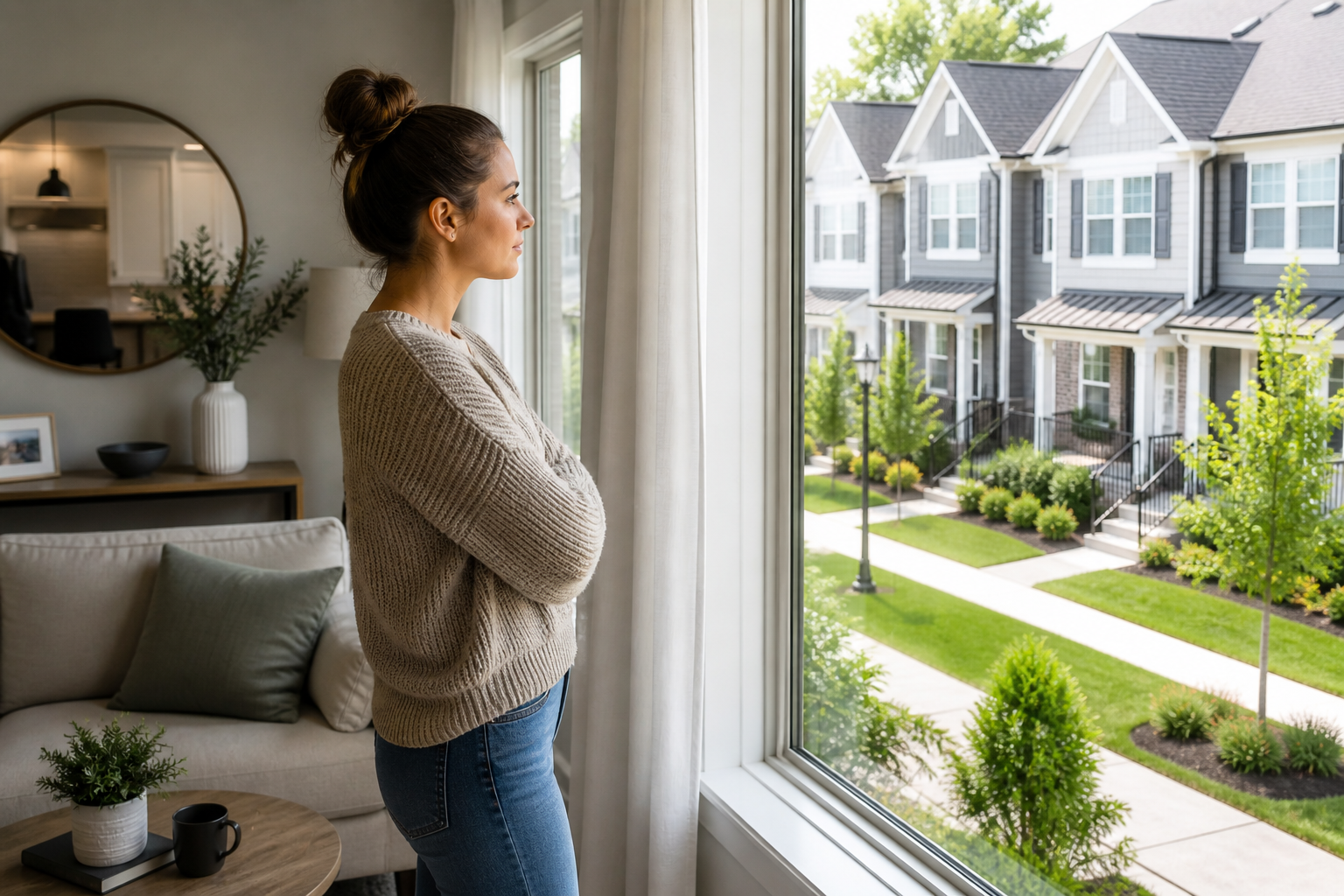 First-time homebuyer in Greenville SC standing in a townhome and looking out a window thoughtfully