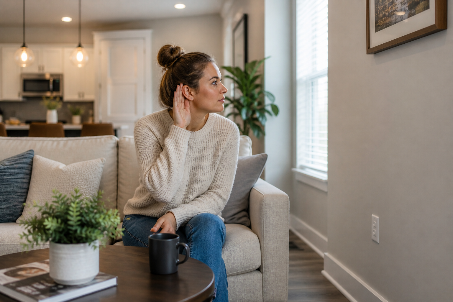 First-time homebuyer in Greenville SC sitting quietly in a living room listening for noise