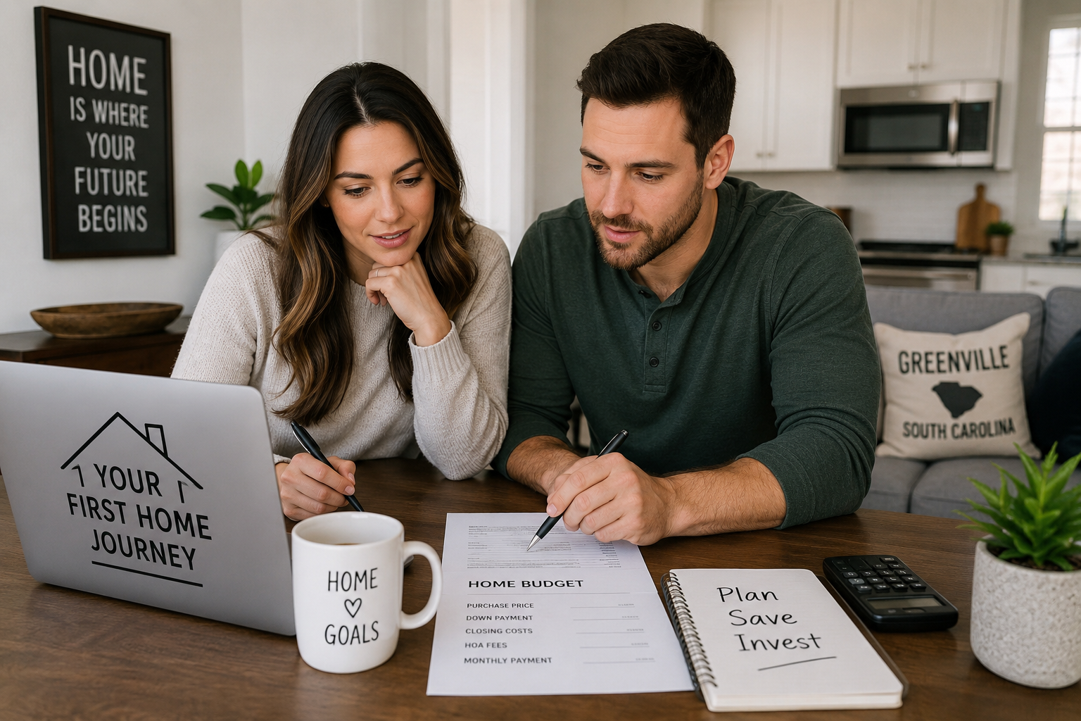 First-time homebuyers in Greenville SC reviewing finances and homeownership plans in a modern townhome