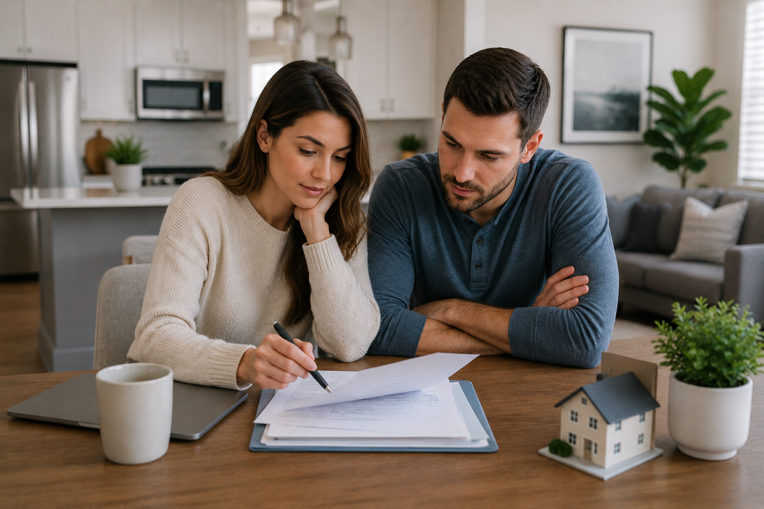 First-time homebuyers in Greenville SC reviewing HOA documents at a kitchen table in a modern townhome