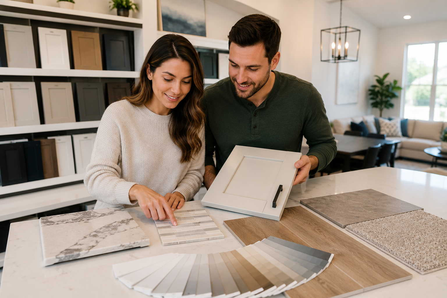 First-time homebuyers in Greenville SC reviewing design selections and finishes in a modern townhome