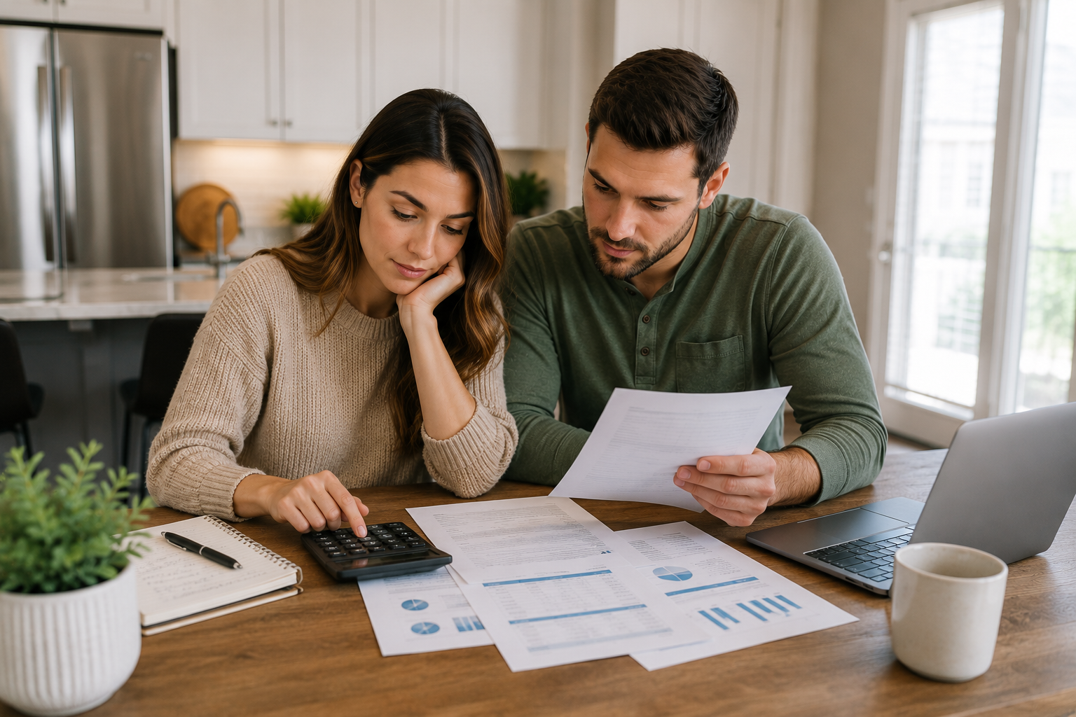 First-time homebuyers in Greenville SC reviewing monthly expenses and homeownership costs at a kitchen tableFirst-time homebuyer in Greenville SC reviewing monthly expenses and homeownership costs at a kitchen table