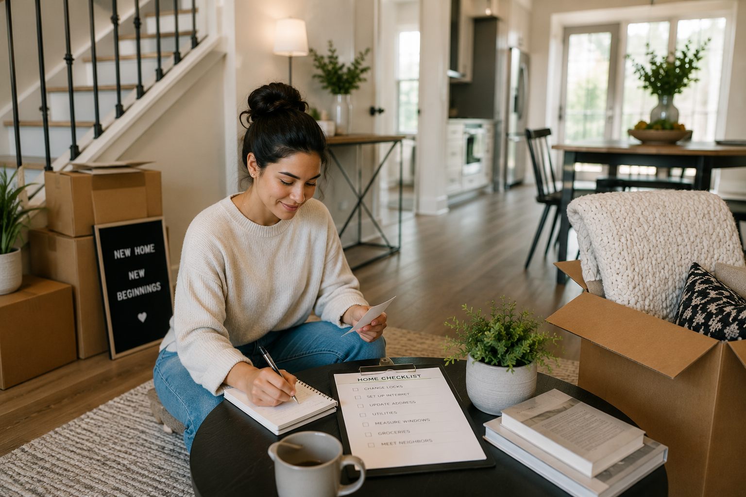 First-time homebuyer in Greenville SC unpacking boxes and settling into a modern townhome living room