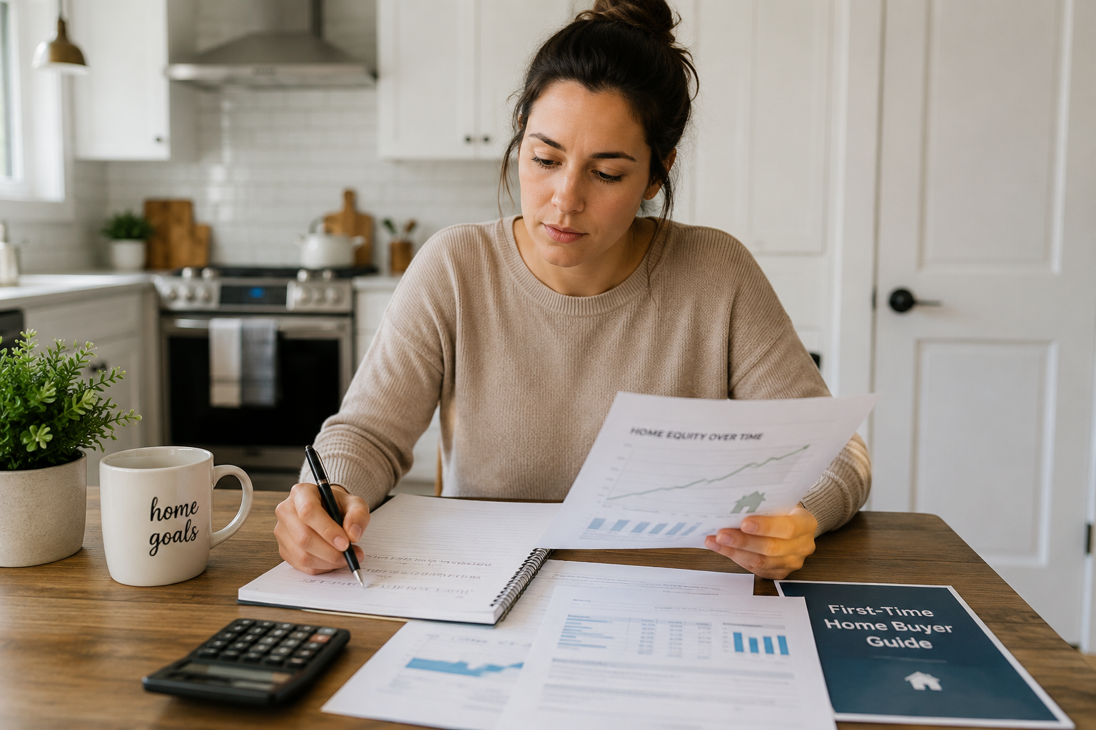 First-time homebuyer in Greenville SC reviewing home equity and financial documents at a kitchen table