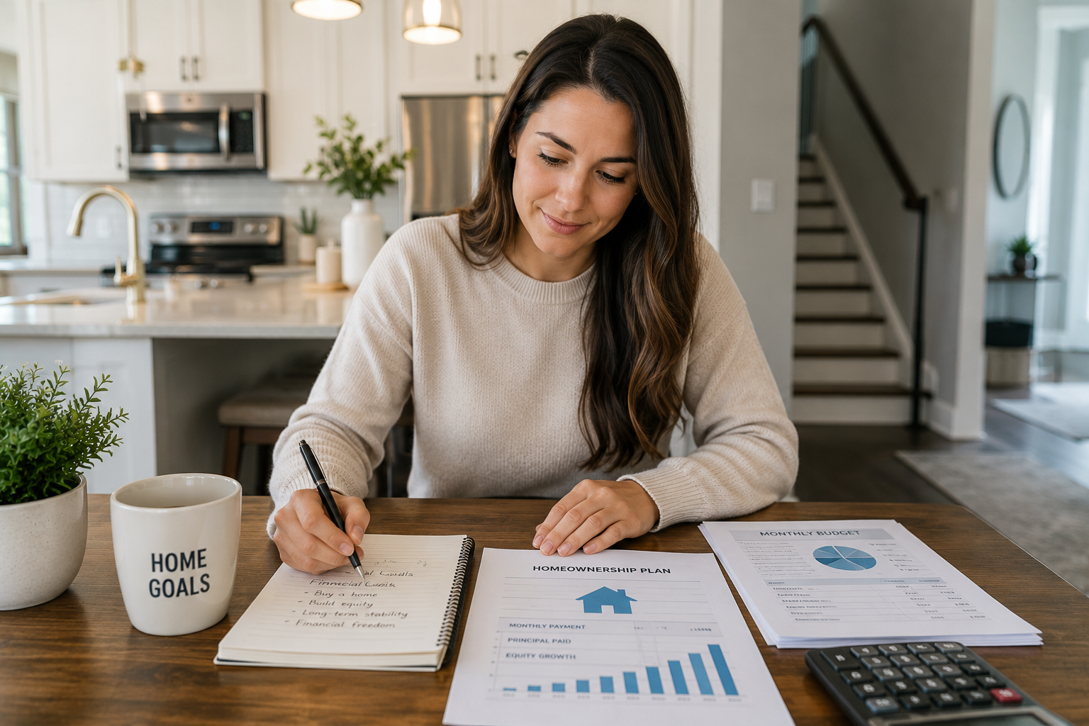 First-time homebuyer in Greenville SC reviewing financial goals and homeownership plans in a modern townhome kitchen First-time homebuyer in Greenville SC reviewing financial goals and homeownership plans in a modern townhome kitchen