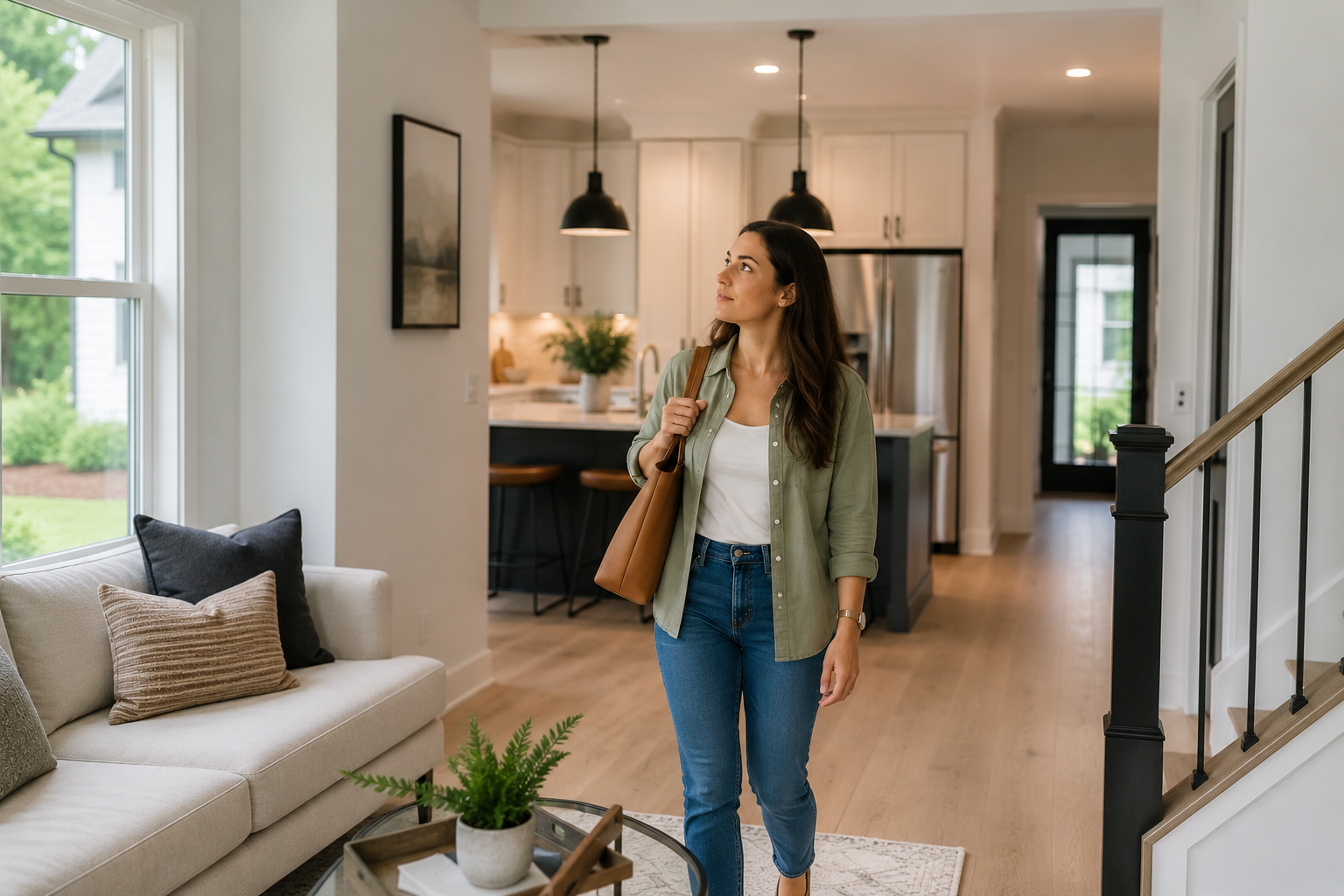 First-time homebuyer in Greenville SC walking through a modern home during a second property visit
